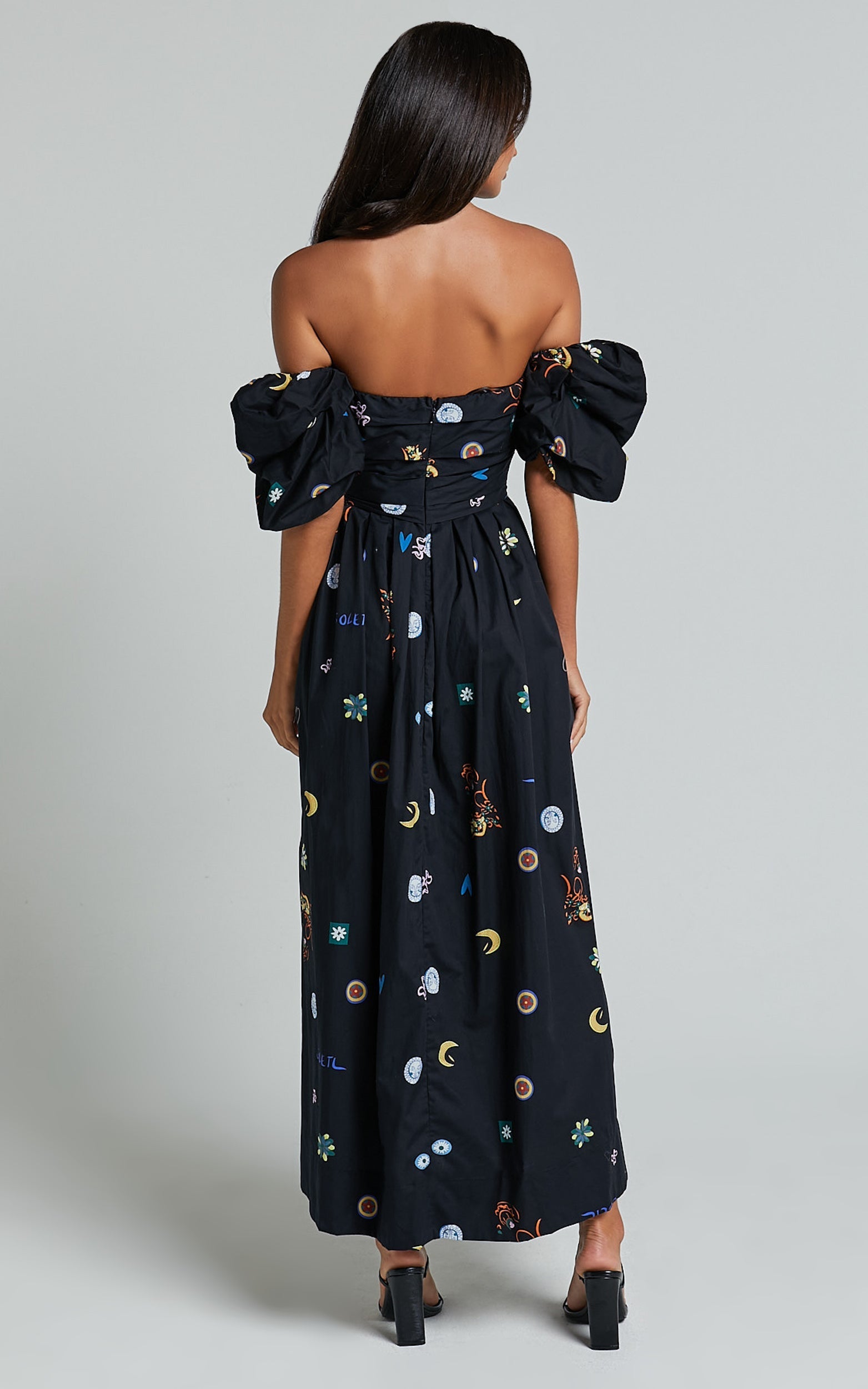 Brianna Midi Dress - Off Shoulder Dress in Black Print