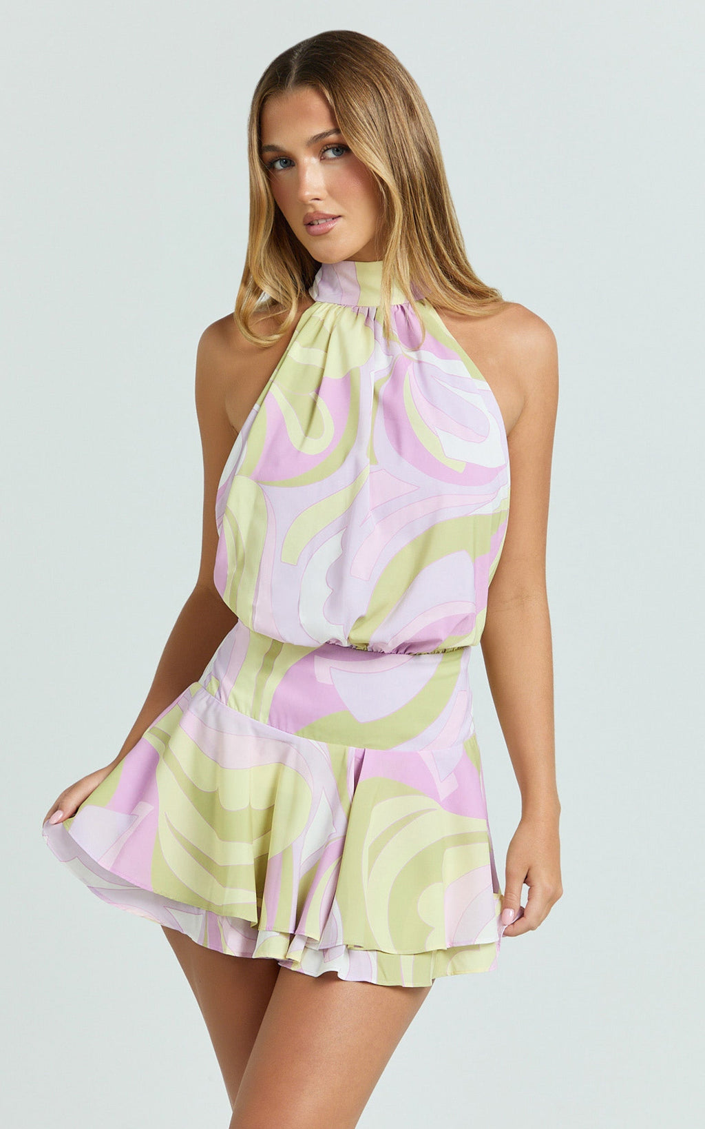 Bryonie Mini Dress - Backless Halter Dress in Pucci Print