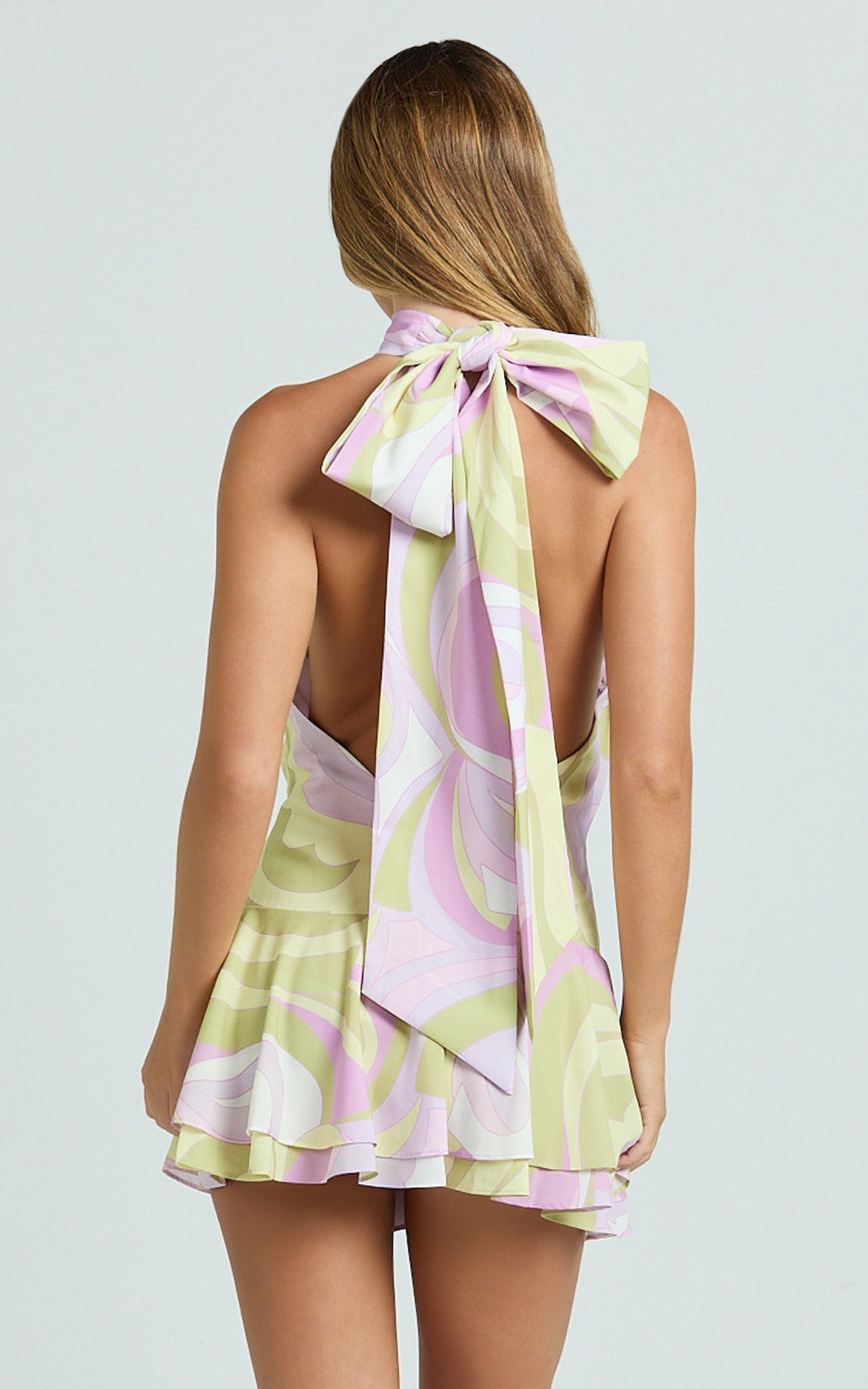 Bryonie Mini Dress - Backless Halter Dress in Pucci Print