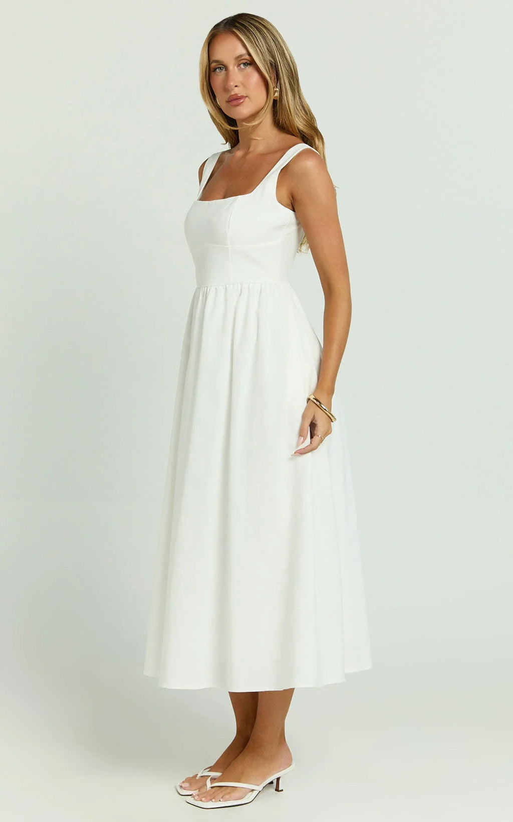 Khari Midi Dress - Linen Look Square A Line Dress in White