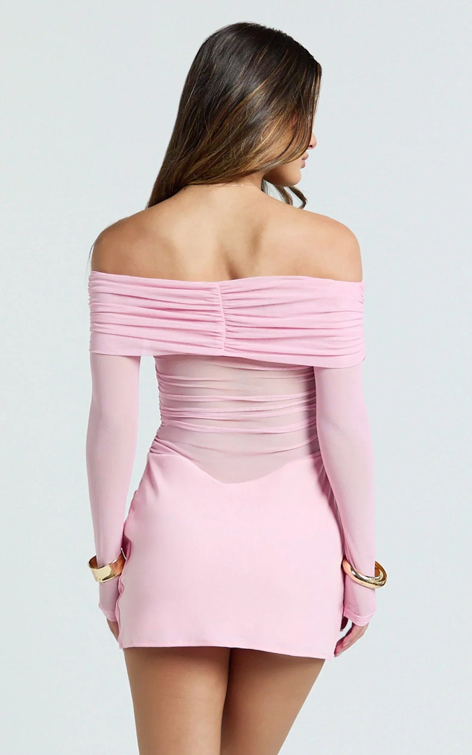 Jade Mini Dress - Long Sleeve Off Shoulder Draped Bias Cut Dress in Pink