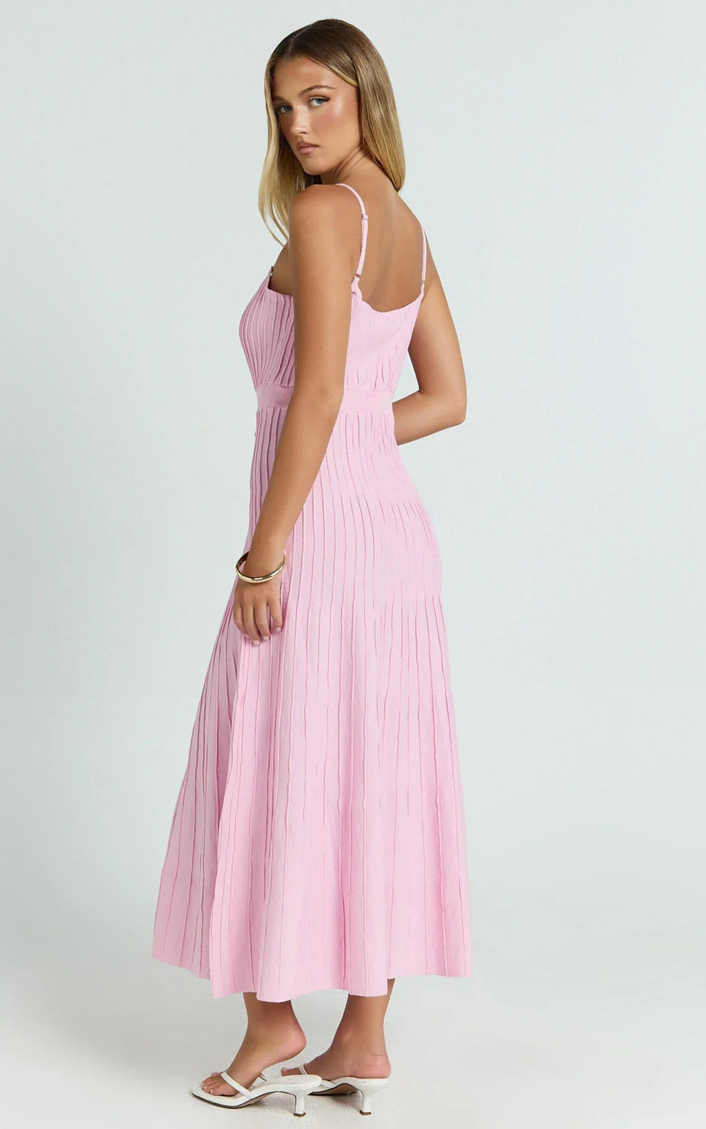 Donissa Midi Dress - Panelled Knit Dress in Pale Pink