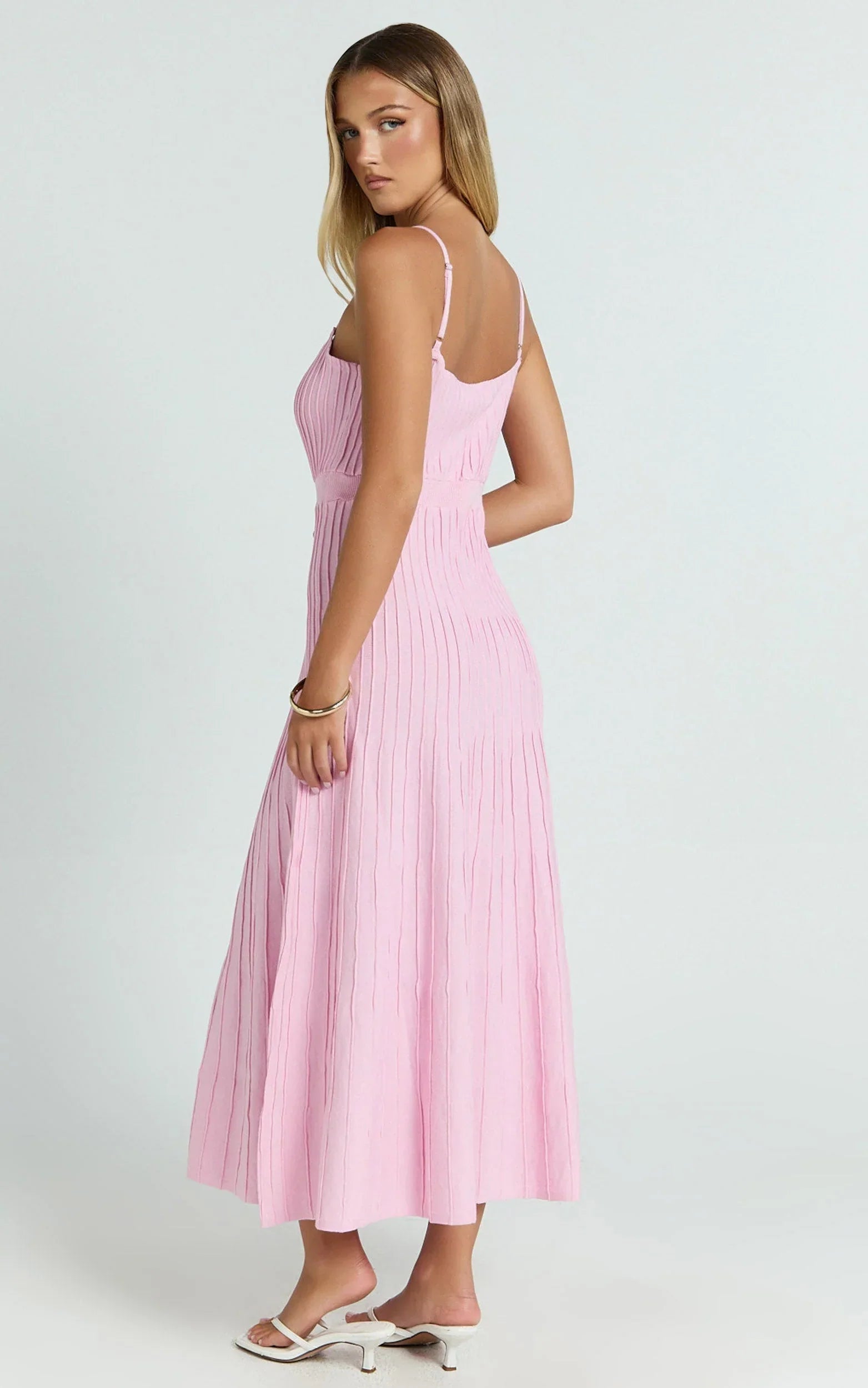 Donissa Midi Dress - Panelled Knit Dress in Pale Pink