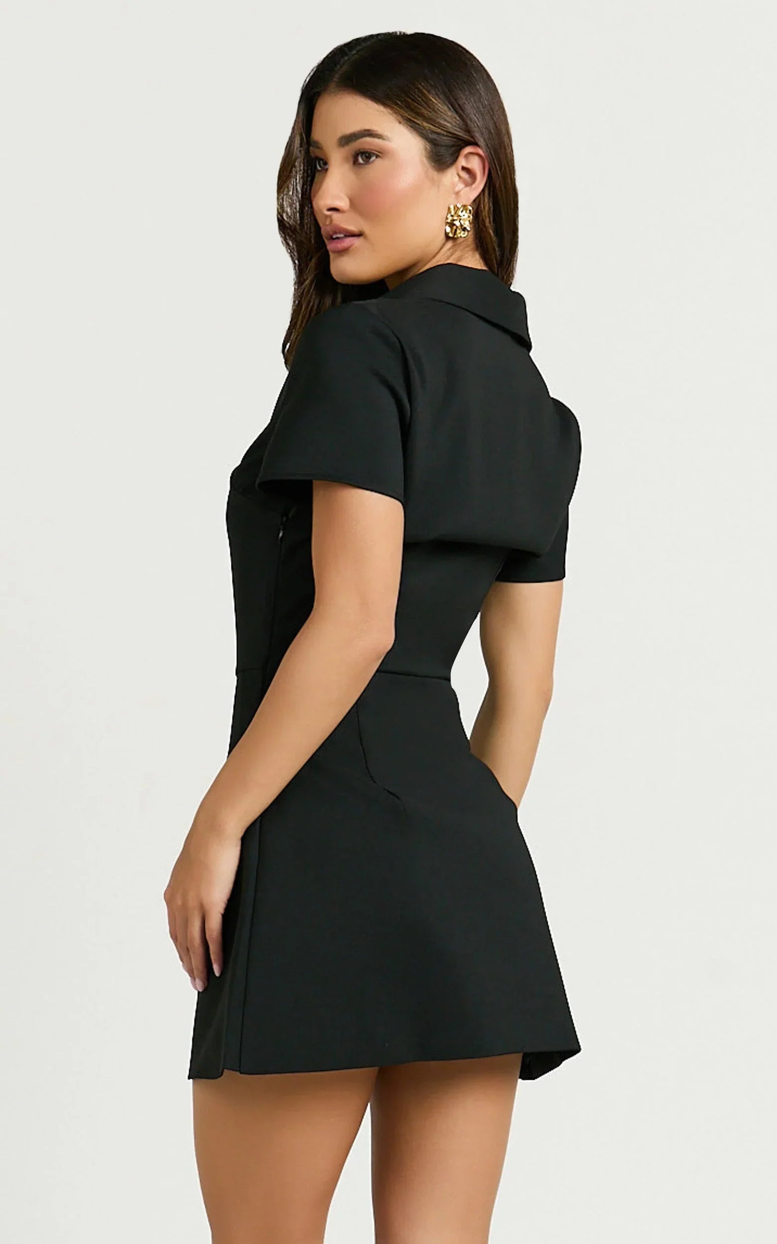 Noemie Mini Dress - Short Sleeve Faux Wrap Dress in Black