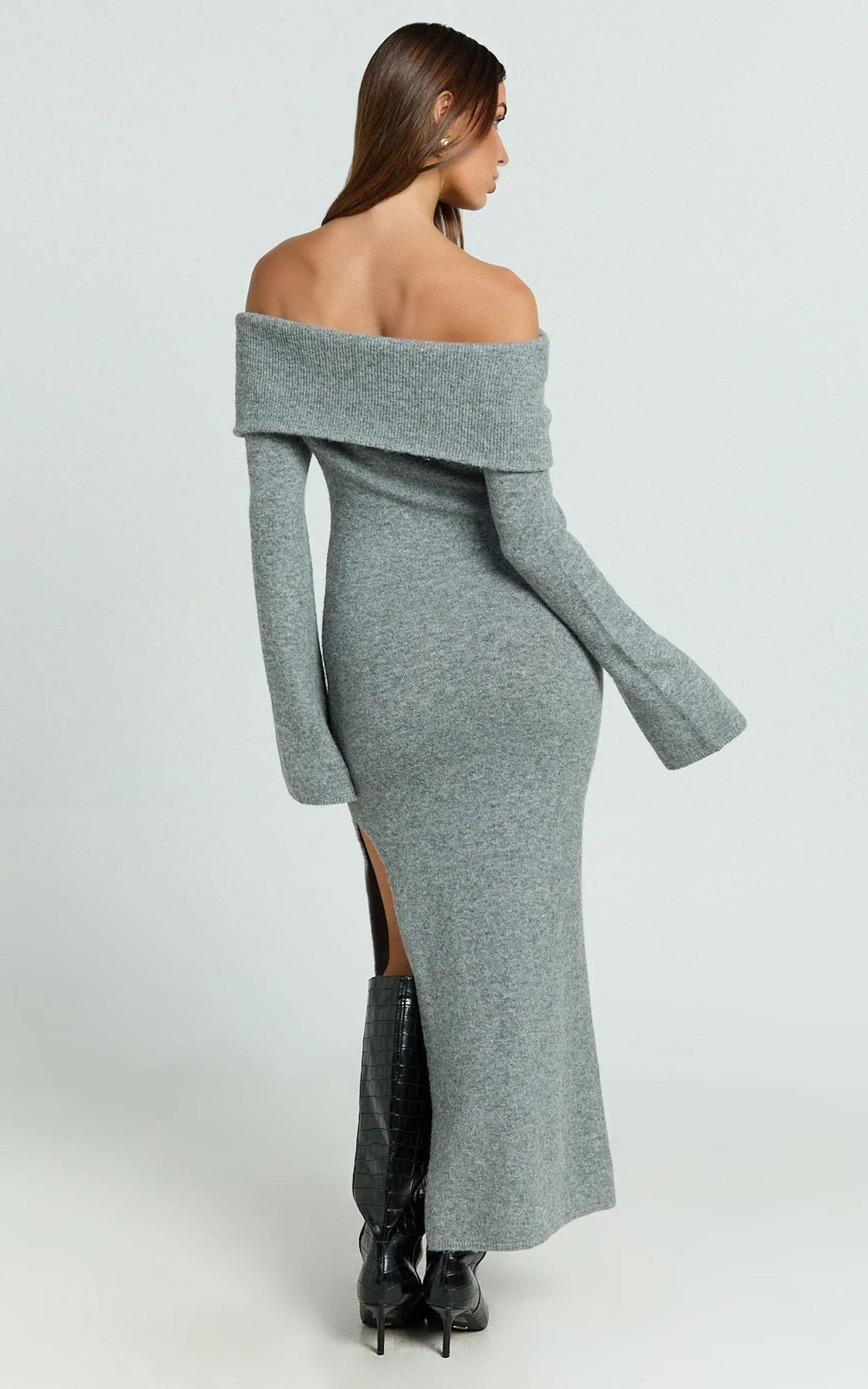 Darcie Midi Dress - Off Shoulder Knitted Long Sleeve Dress in Grey Marle