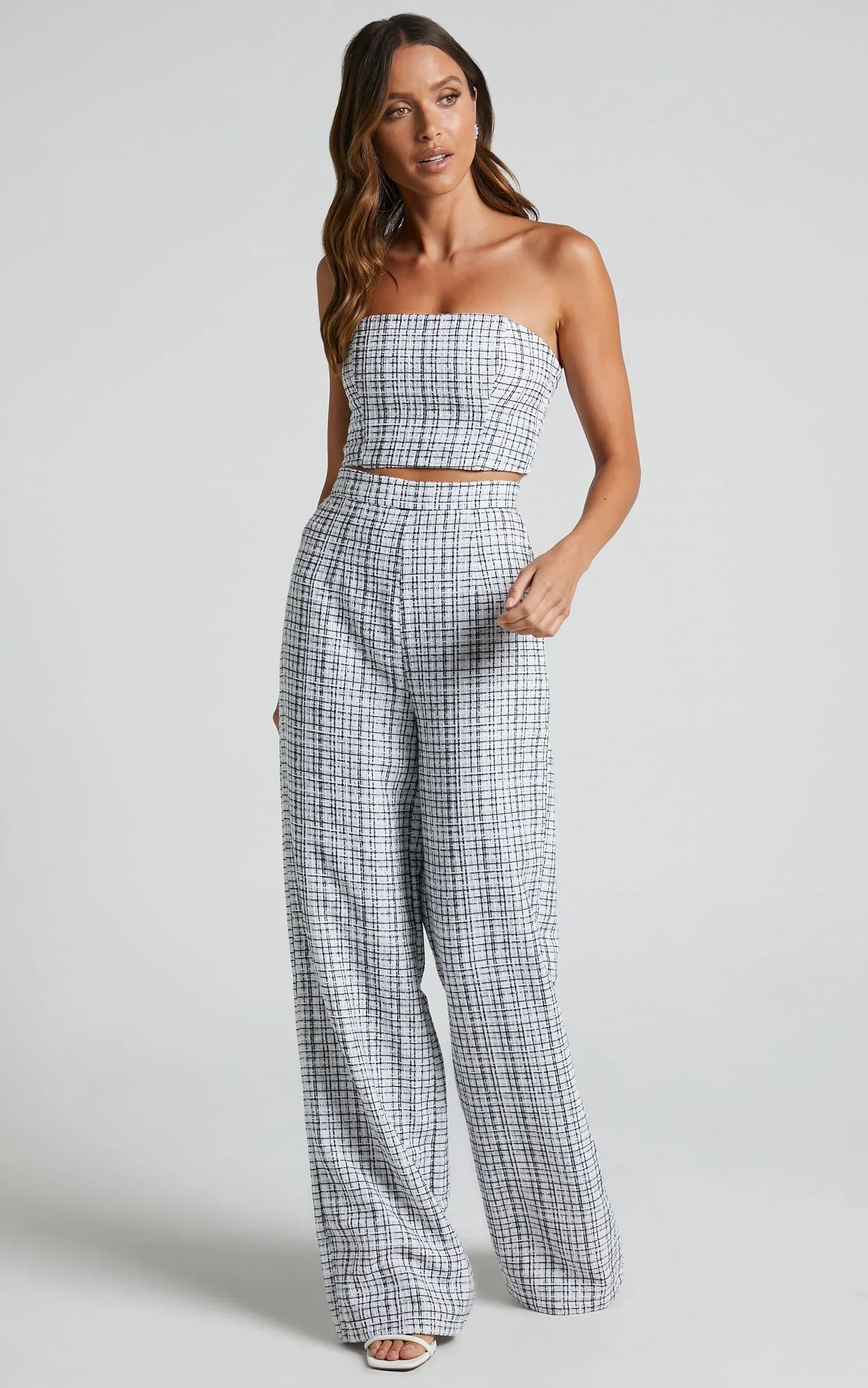 Icie Pants - High Waisted Tweed Wide Leg Pants in White & Black