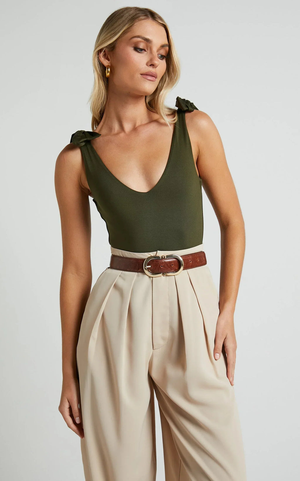 Ryley Bodysuit - V Neck Tie Up Bodysuit in Olive