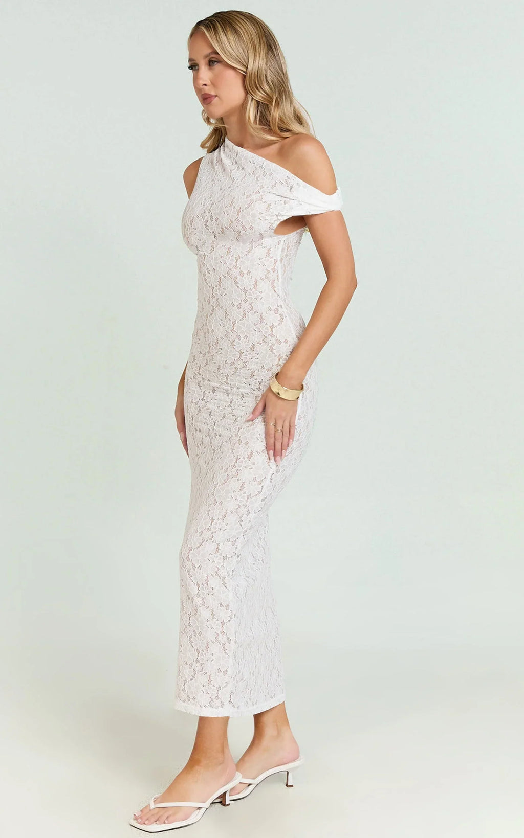 Sally Maxi Dress - Stretch Lace Twist Off Shoulder Dress in White
