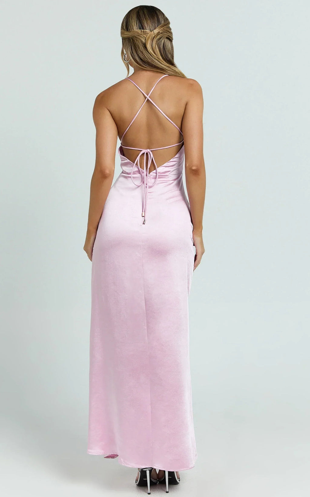 Heidi Maxi Dress - Satin Ruched Bust Tie Back Dress in Pink