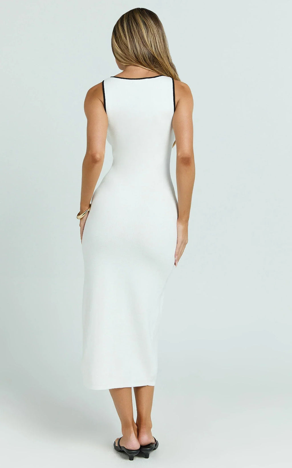 Gabby Midi Dress - Sweetheart Strapped Hardware Button Front Fitted Contrast Trim Knit Dress in Cream