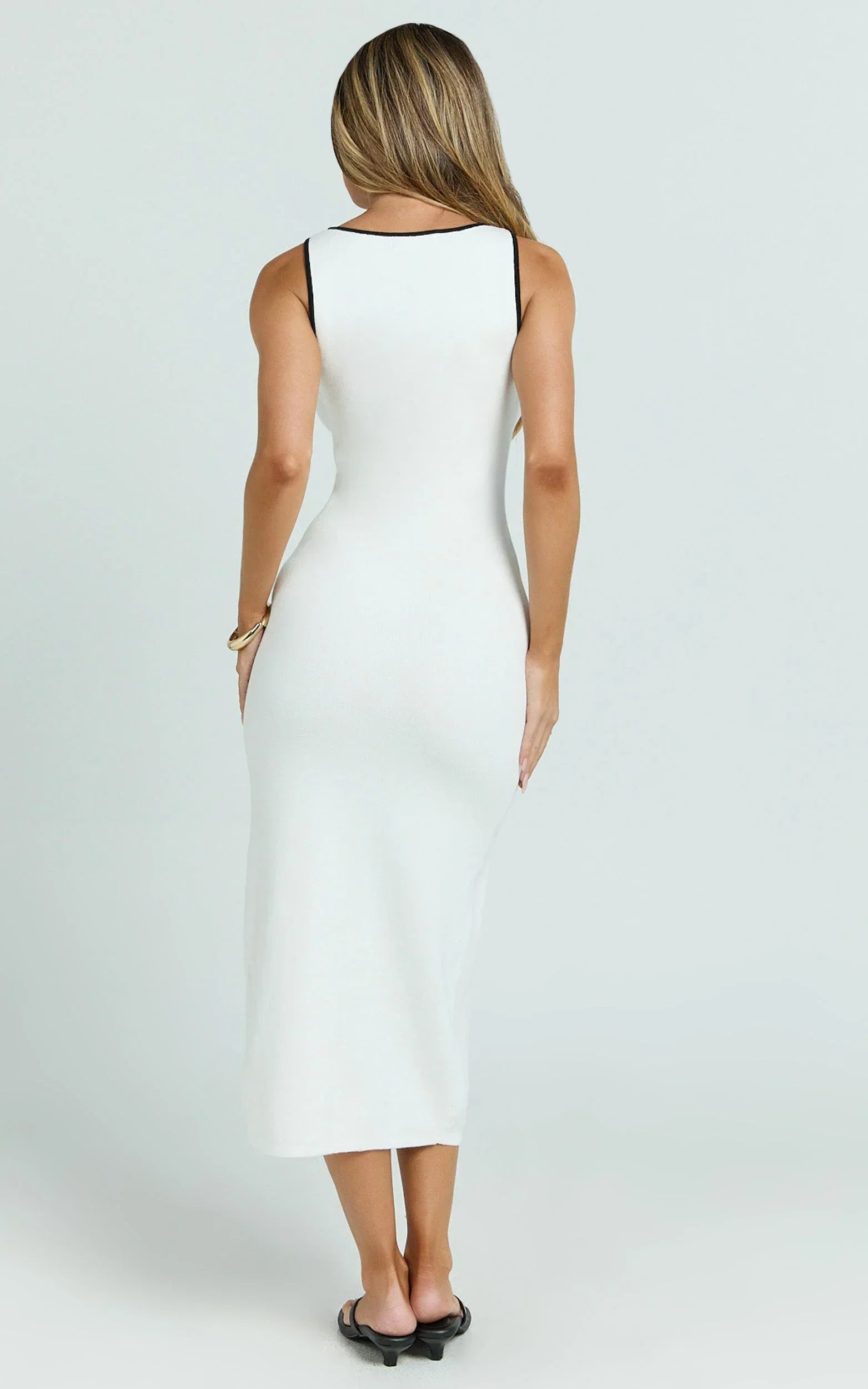 Gabby Midi Dress - Sweetheart Strapped Hardware Button Front Fitted Contrast Trim Knit Dress in Cream