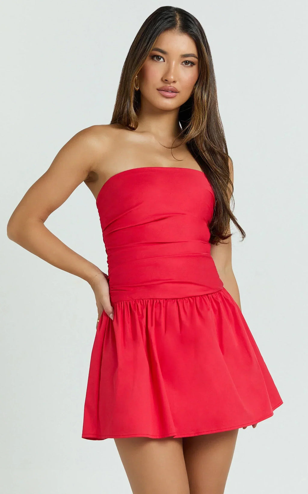 Donatella Mini Dress - Strapless Drop Waist Dress in Red