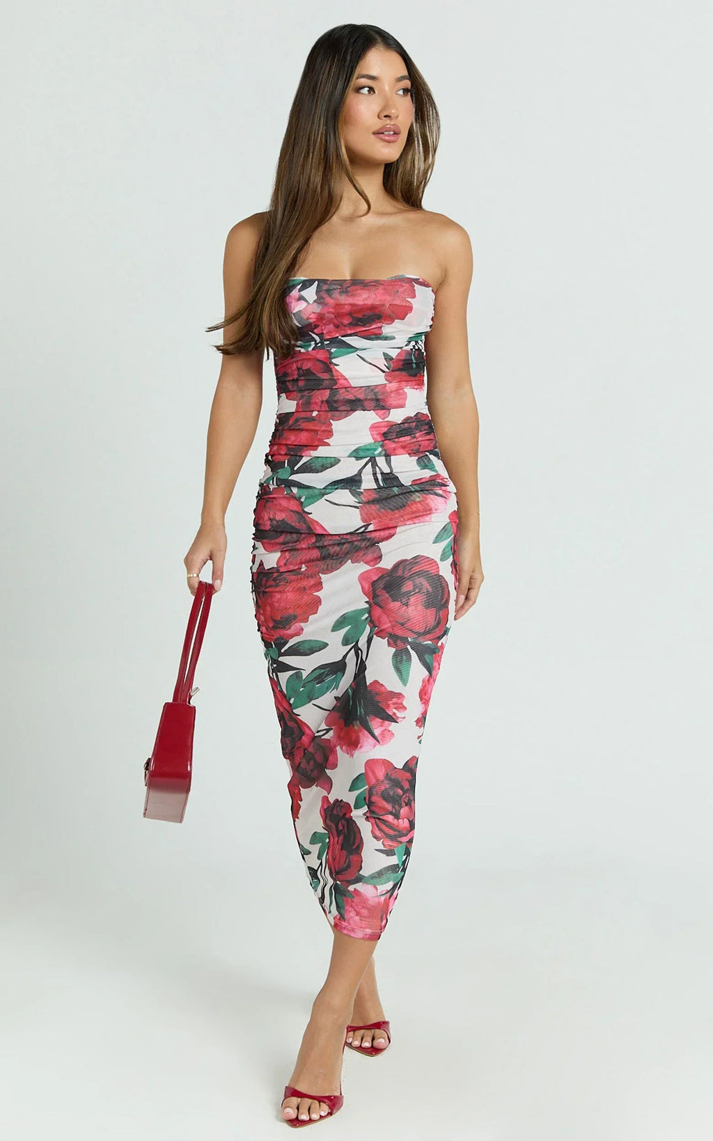 Enid Midi Dress - Sweetheart Neck Ruched Bodycon Dress in Rose Blanca