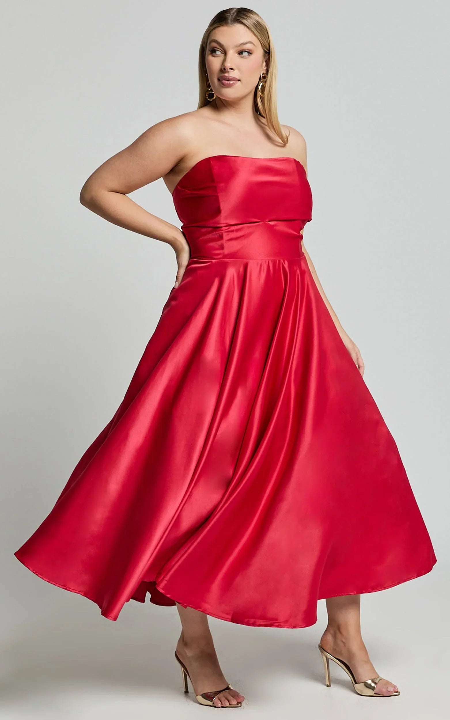 Helaina Midi Dress - Line Satin Dress in Red