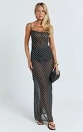 Dalton Midi Dress - Cowl Neck Tie Back Dress in Black/White Polkadot