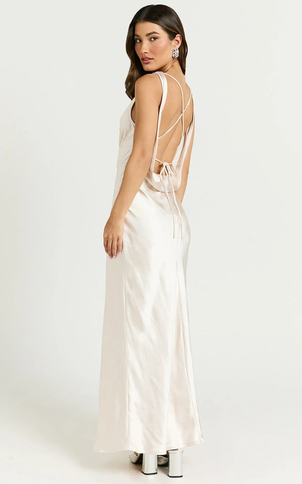 Fheliz Midi Dress - Satin Open Back Dress in Oyster