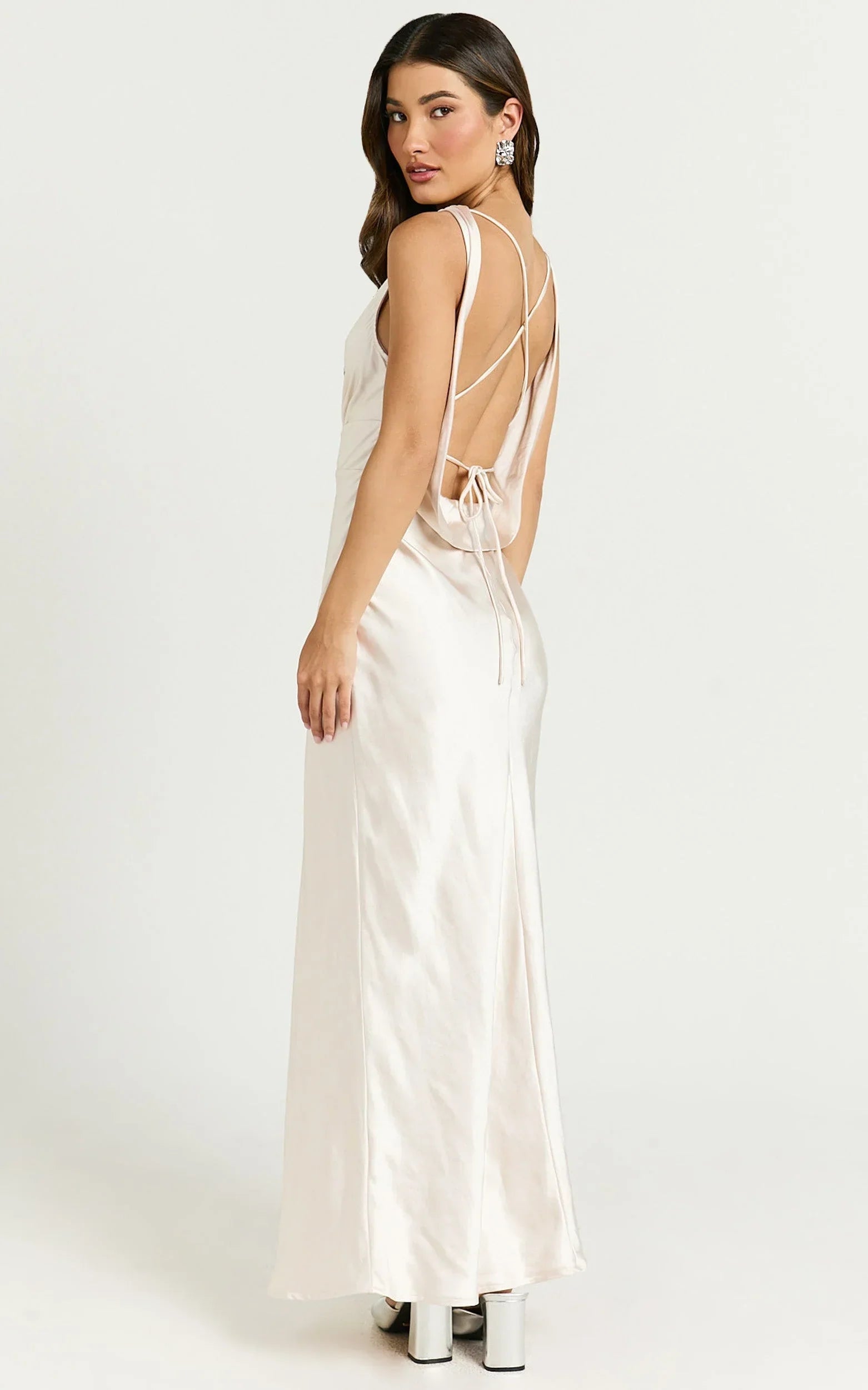 Fheliz Midi Dress - Satin Open Back Dress in Oyster