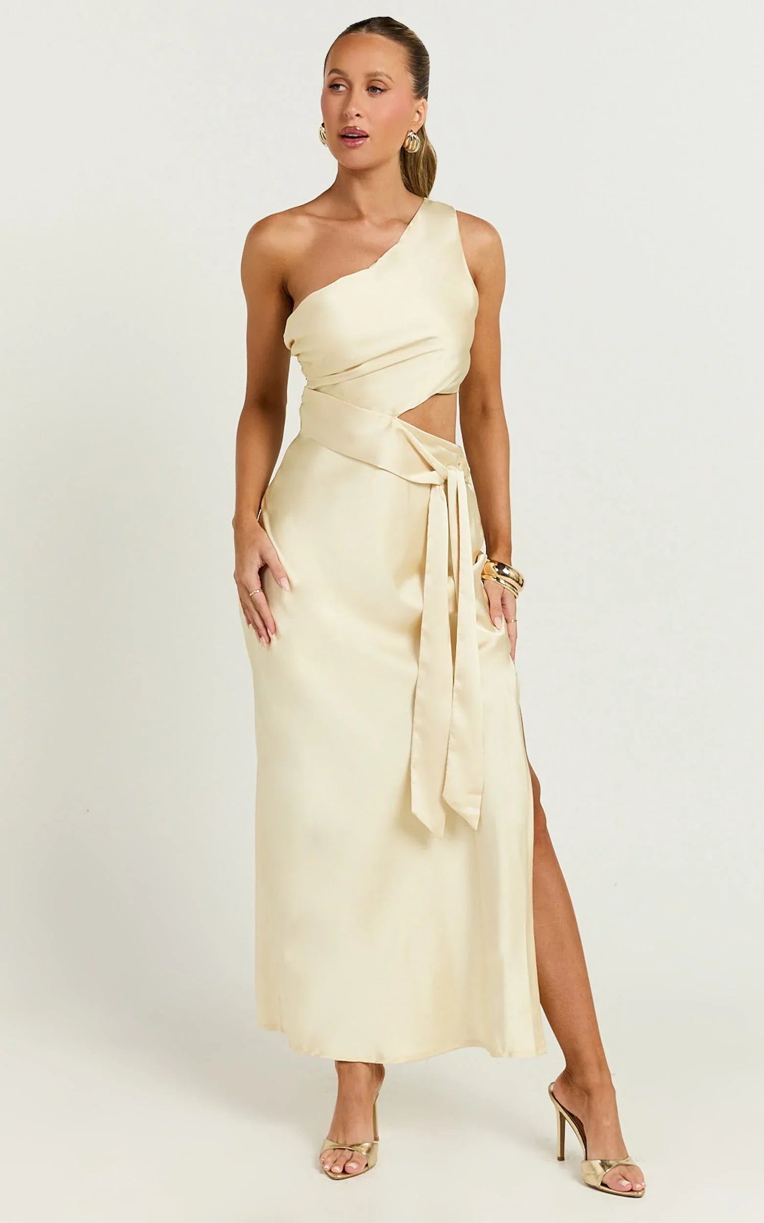 Regina Midi Dress - One Shoulder Cut Out Side Detail  Dress in Butter