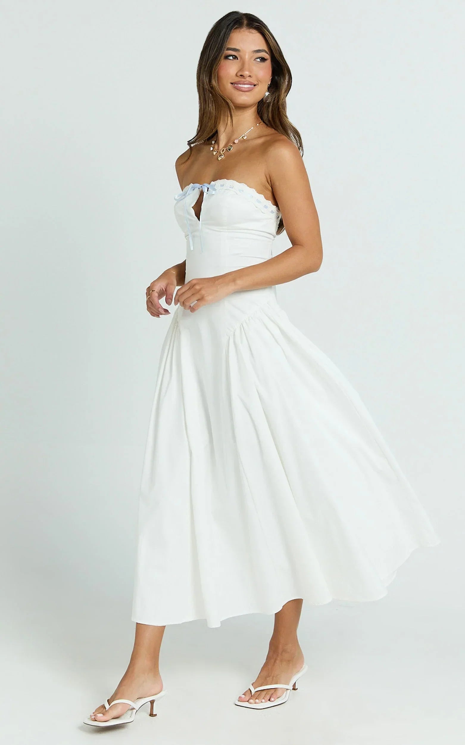 Bambi Midi Dress - Embroidered Strapless Lace Up Fit And Flare Dress in White