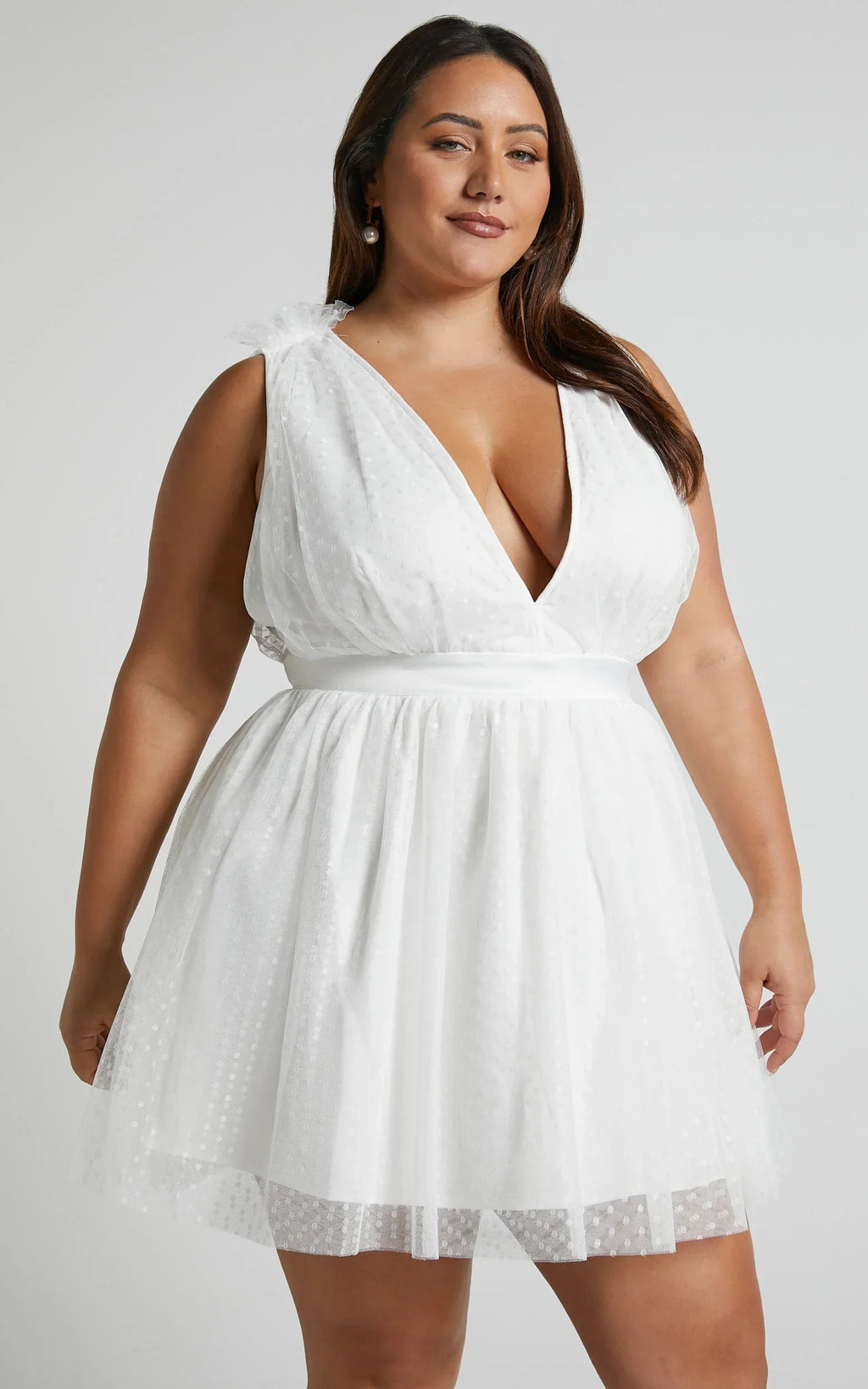Mariabella Mini Dress - Tulle Plunge Dress in White