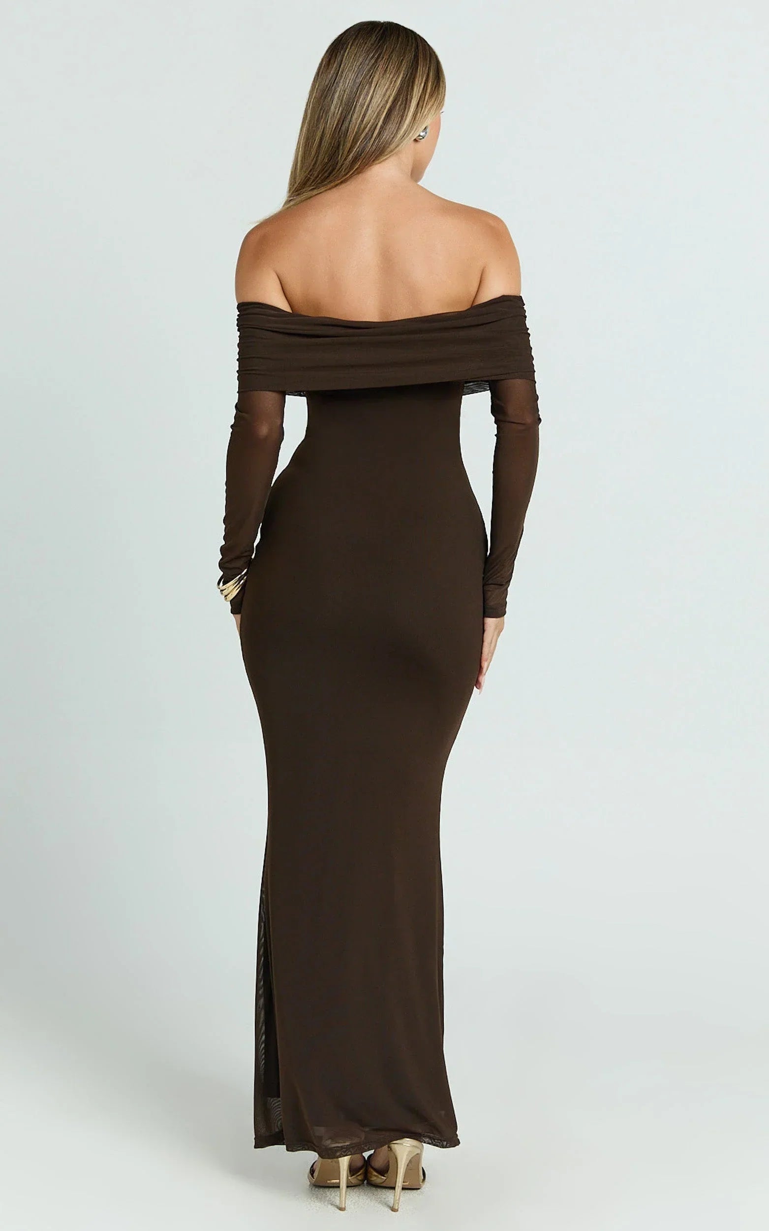 Bethanie Maxi Dress - Off The Shoulder Mesh Dress in Chocolate