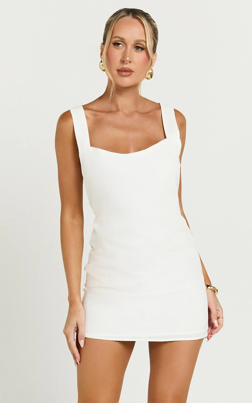 Kat Mini Dress - Linen Square Neck Dress in Off White