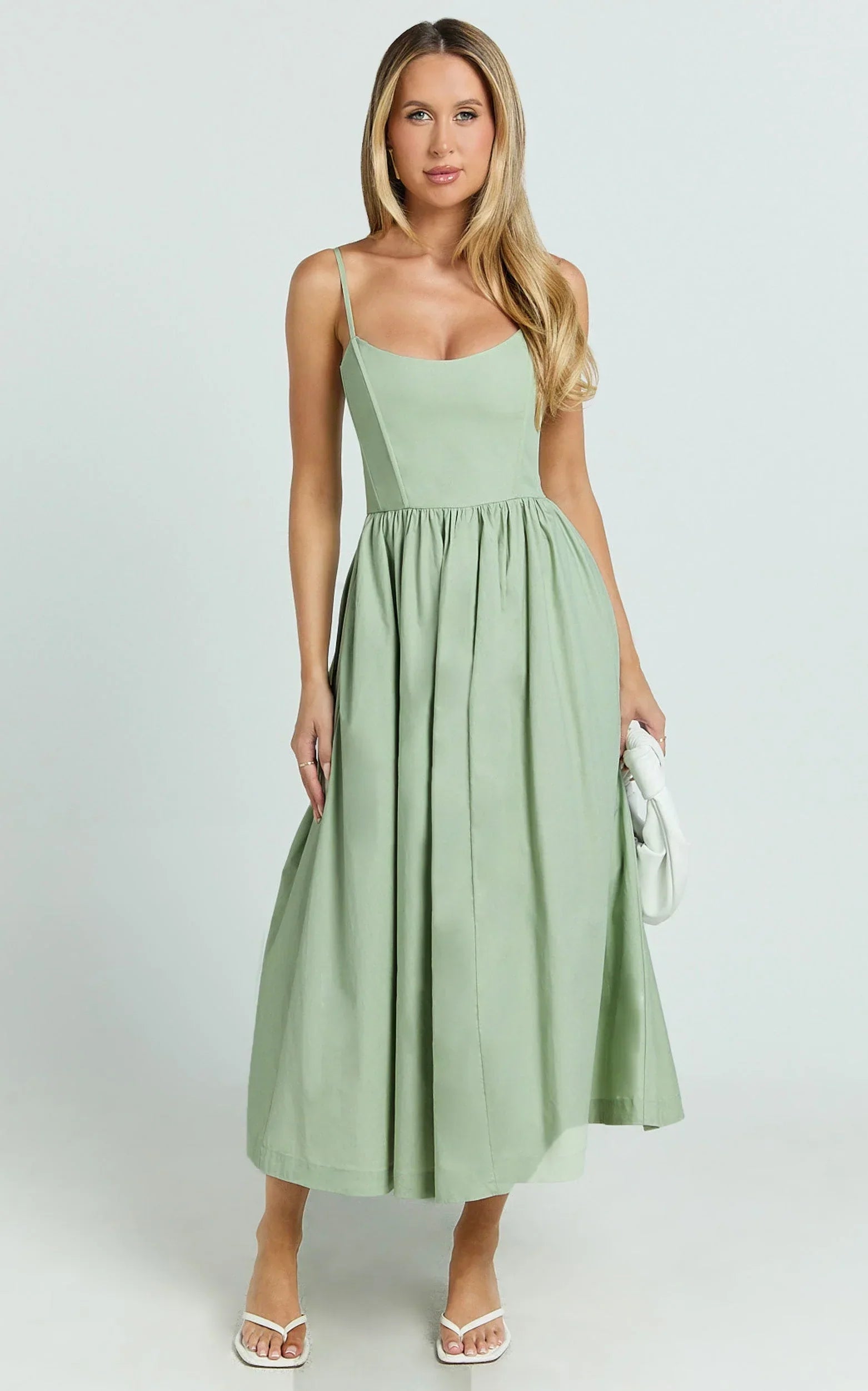 Braelyn Midi Dress - Scoop Neck Flare Dress in Sage