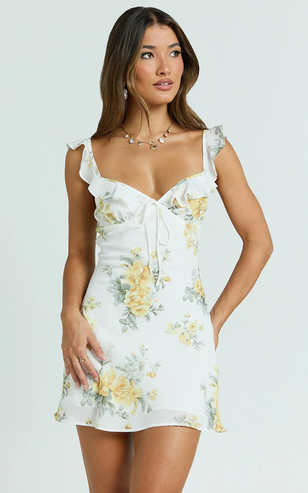 Azra Mini Dress - Georgette Frill Shoulder Sweetheart A Line Dress in Antique Florals