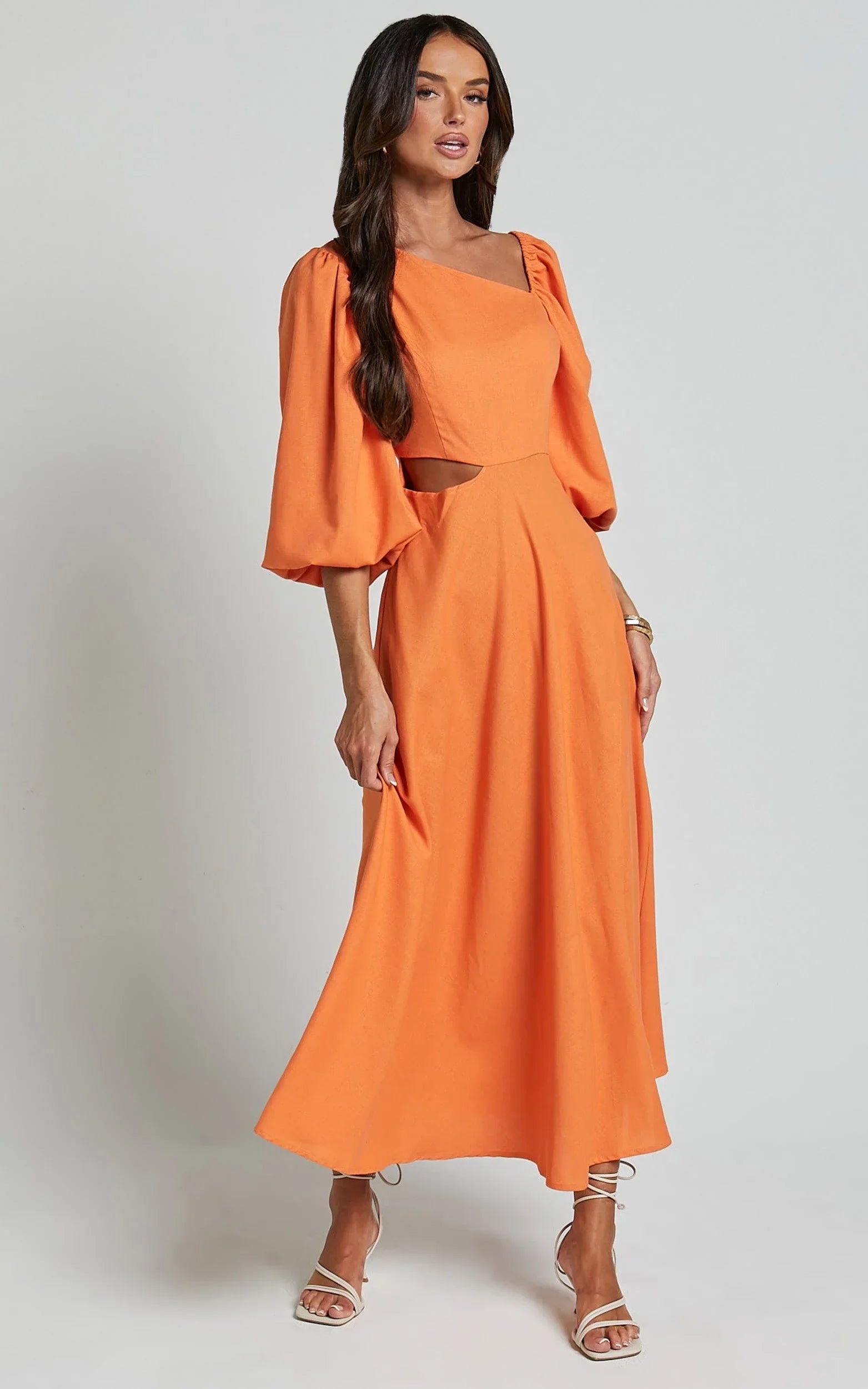 Rhyne Midi Dress - Asymmetric Puff Sleeve Side Cut Out A Line Dress in Papaya