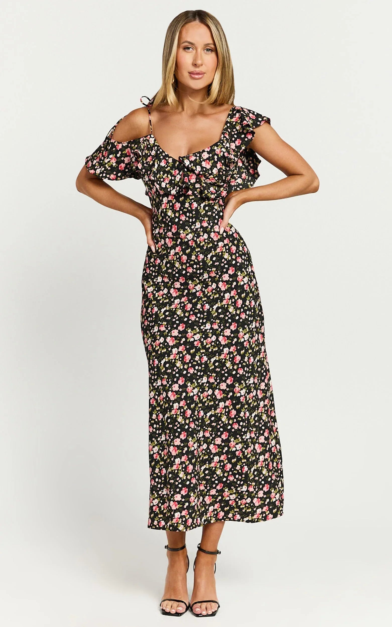 Giulia Midi Dress - One Shoulder Frill Detail Dress in Black Floral