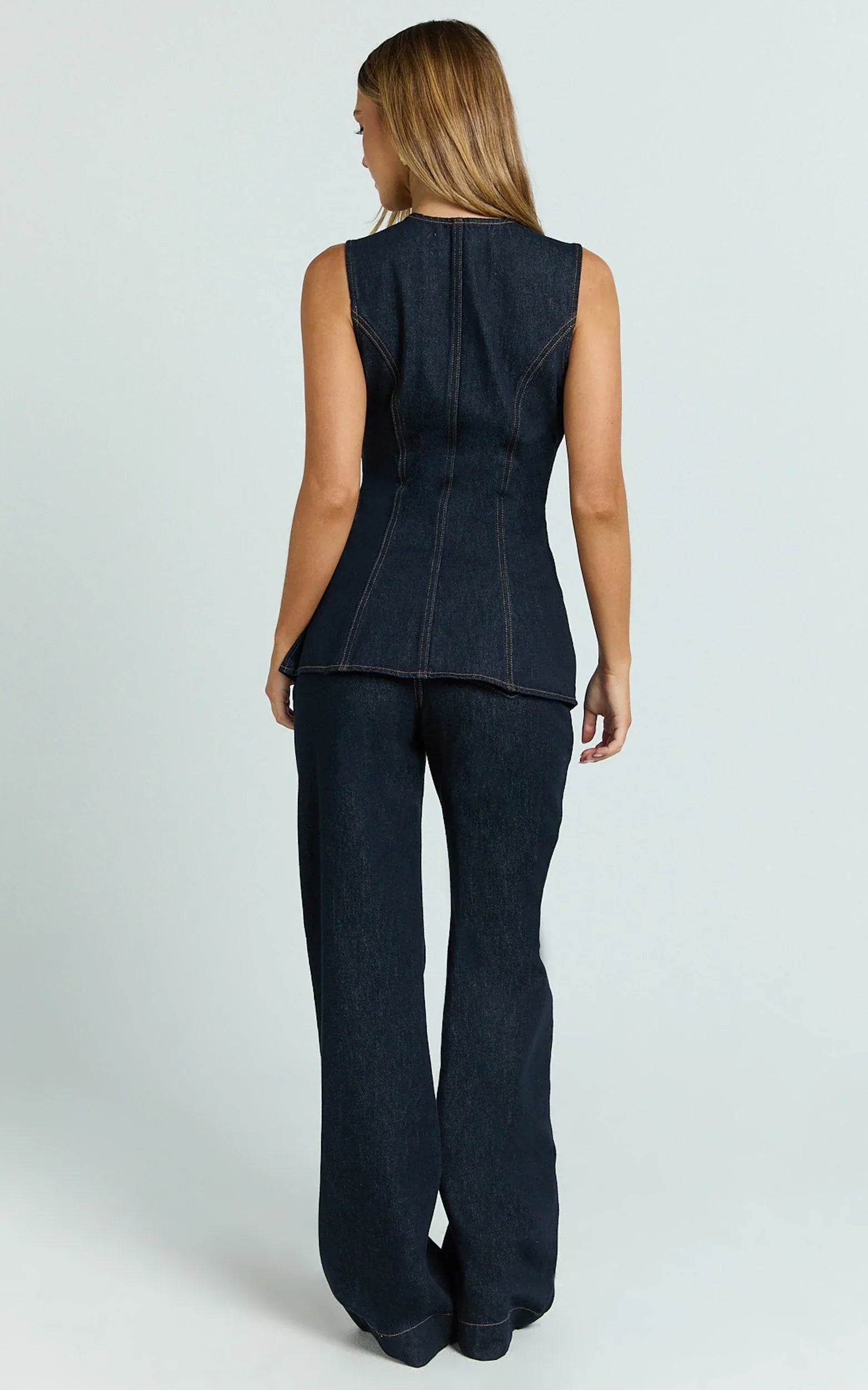 Rhianna Top - Button Down Longline Recycled Denim Vest Top in Raw Denim