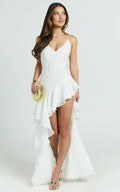 Adelaide Maxi Dress - Georgette Asymmetric Ruffle Hem Bias Cut Dress in White
