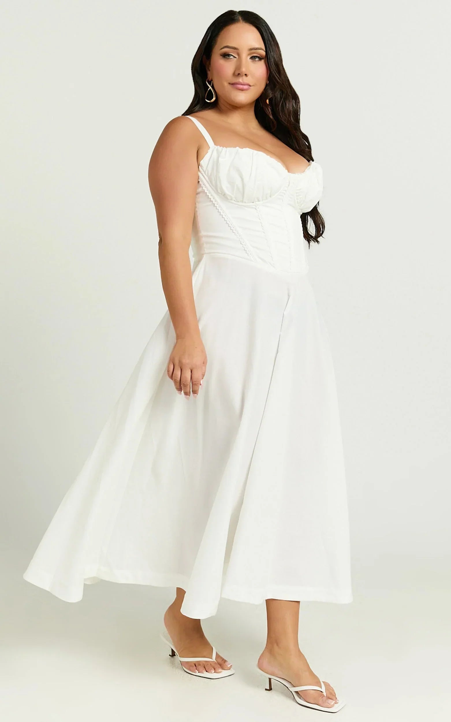 Jonas Midi Dress - Ruched Corset Lace Trim Dress in Ivory