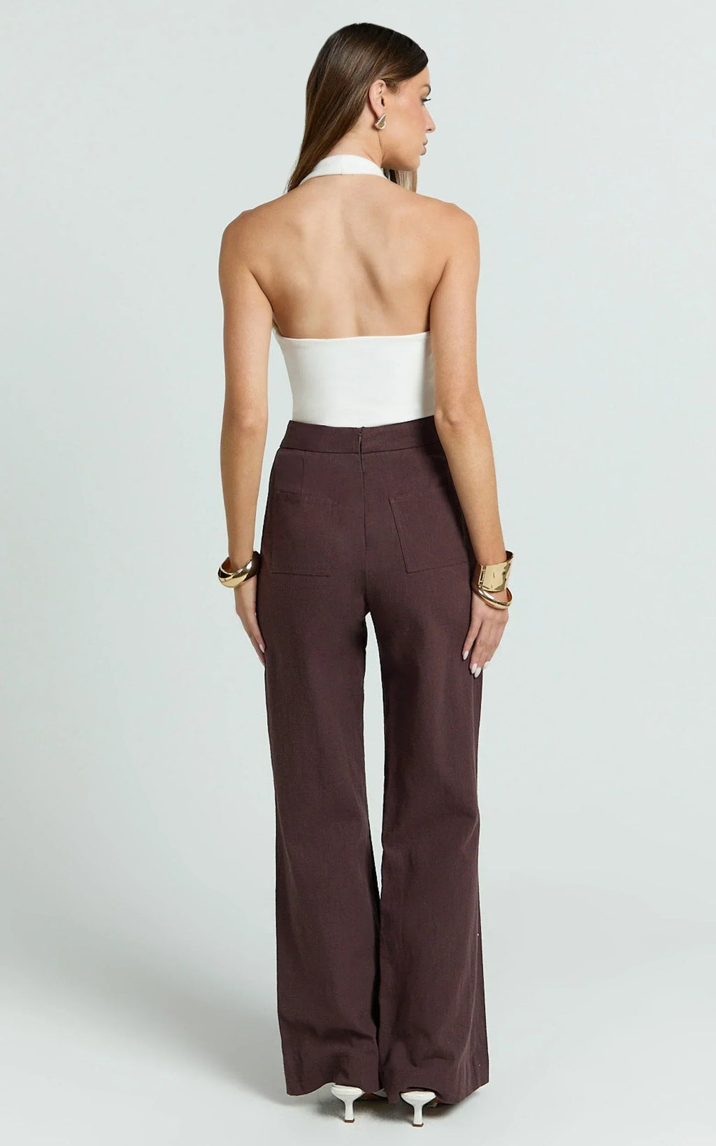 Narcisa Pants - Linen Look High Waist Bootleg Pants in Chocolate