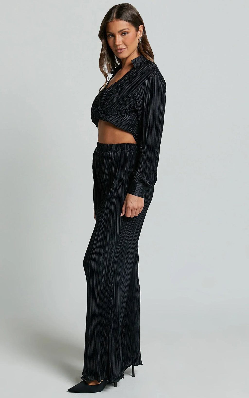 Beca Pants - High Waisted Plisse Flared Pants in Black