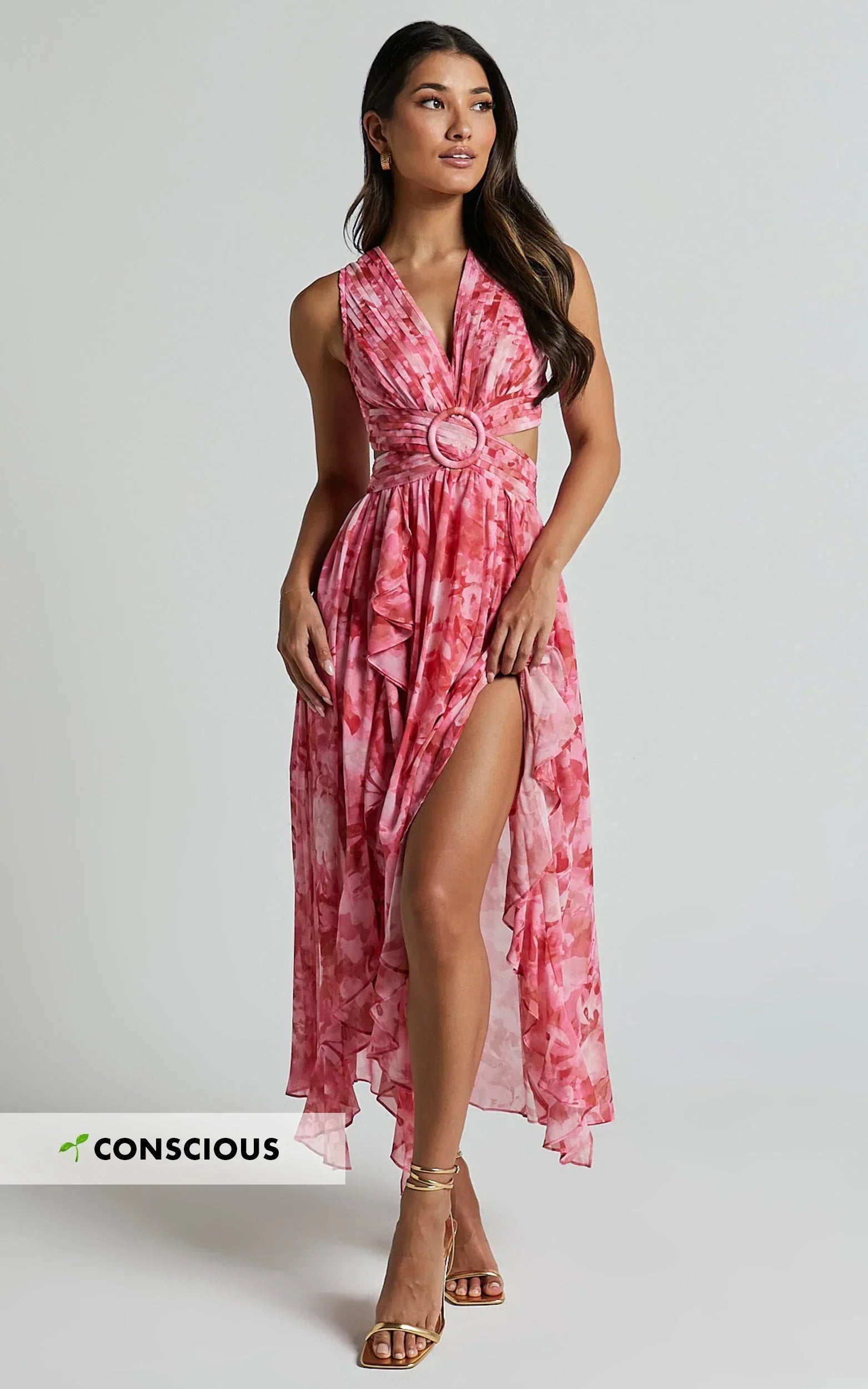 Marga Maxi Dress - Plunge Ruffle Detail Cut Out Dress in Petal Paradise