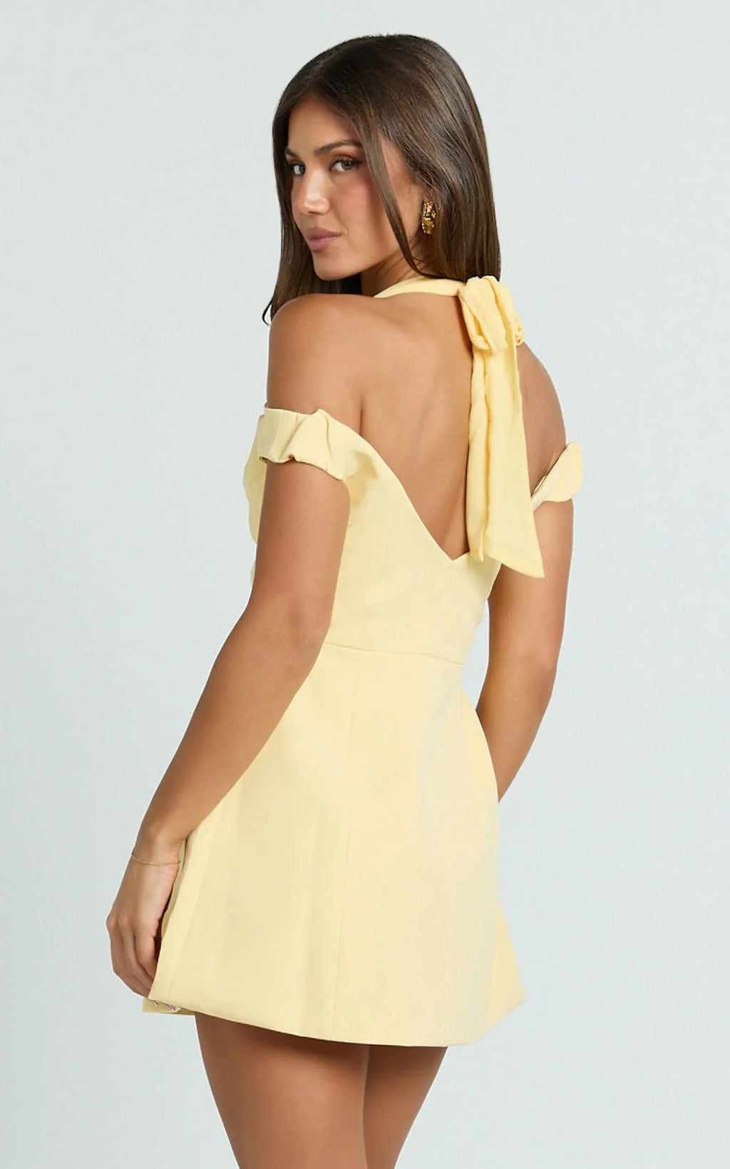 Baylee Mini Dress - Off Shoulder Button Front Tulip Skirt Dress in Lemon