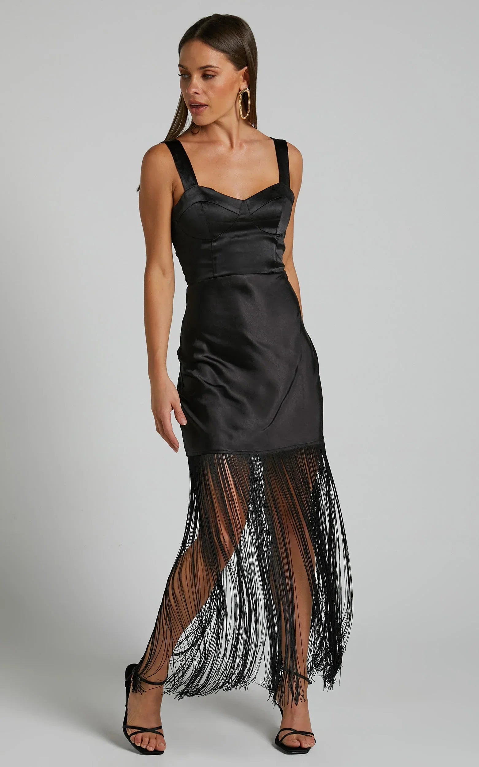 Eiren Midi Dress - Corset Bodice Fringe Detail Dress in Black