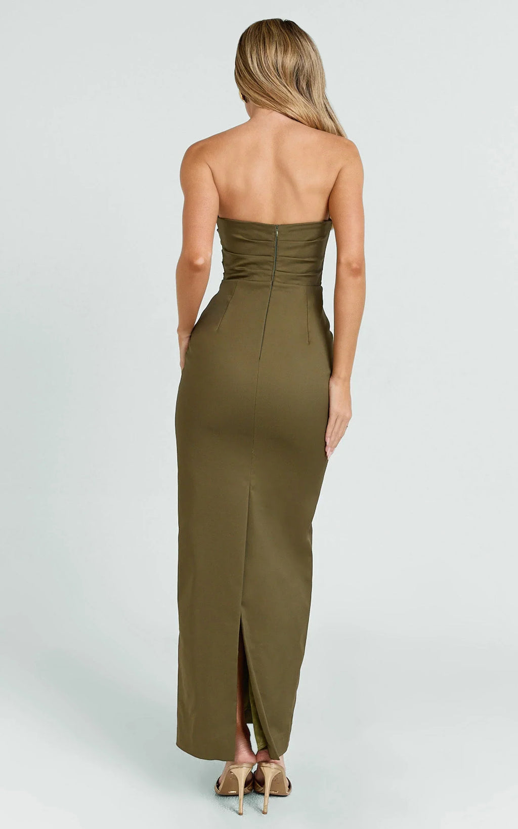 Jamie Midi Dress - Strapless Ruched Fitted Column Dress in Olive