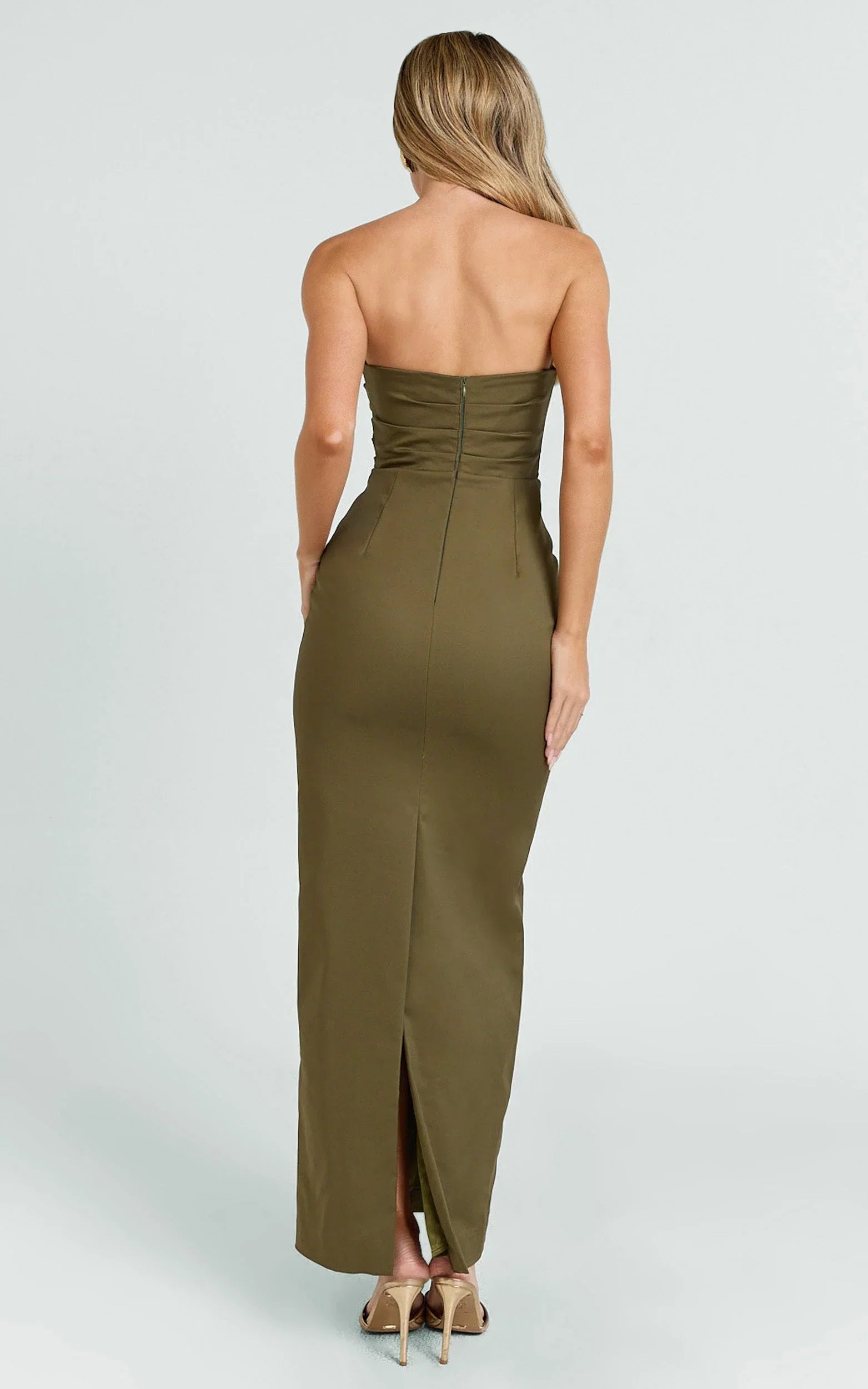 Jamie Midi Dress - Strapless Ruched Fitted Column Dress in Olive