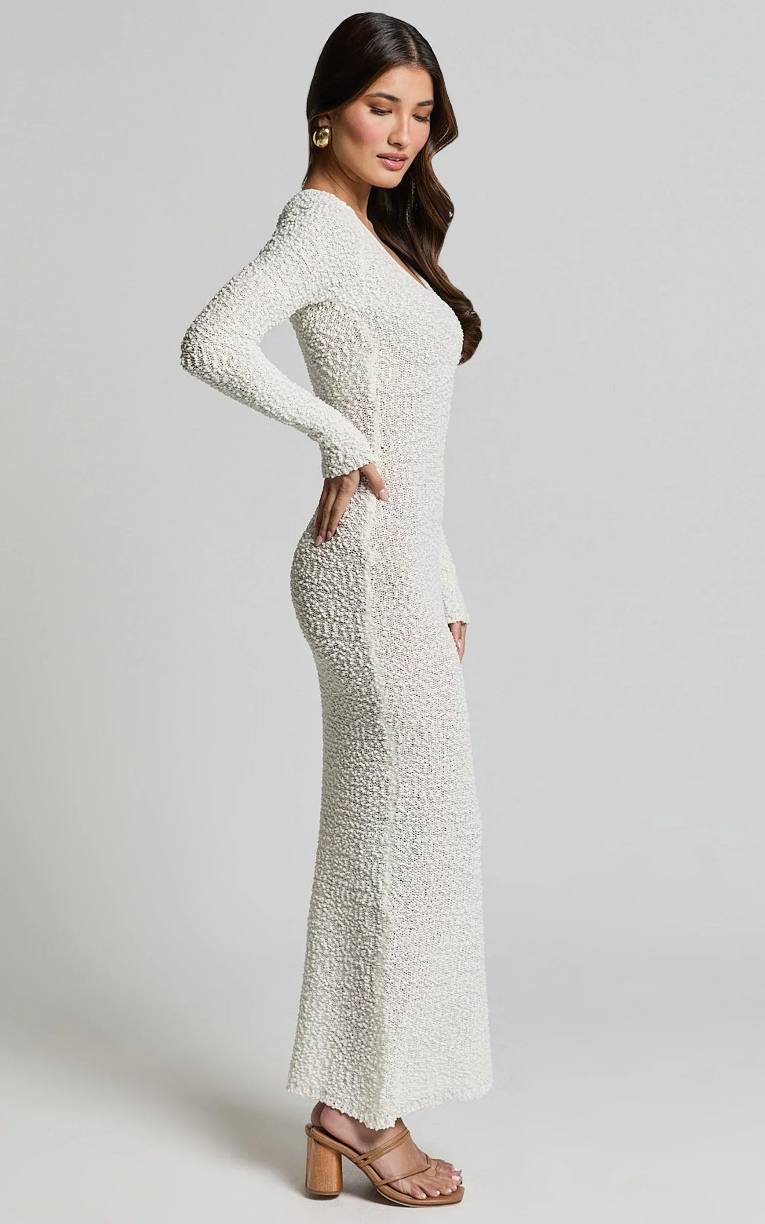 Freya Midi Dress - Scoop Neck Long Sleeve Boucle Knit Dress in Off White