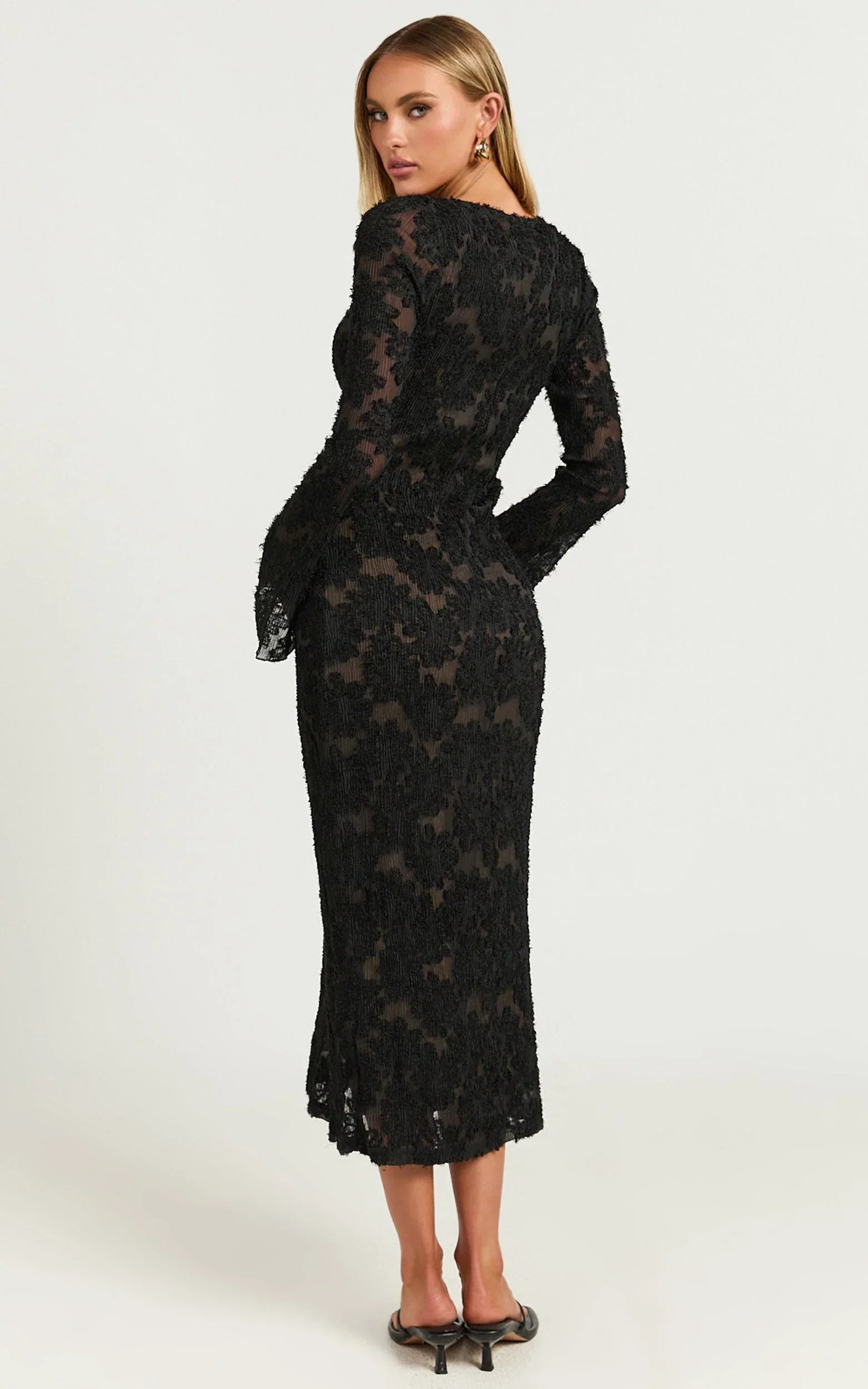 Kathy Midi Dress - Scoop Neck Long Sleeve Jacquard Textured Dress in Black
