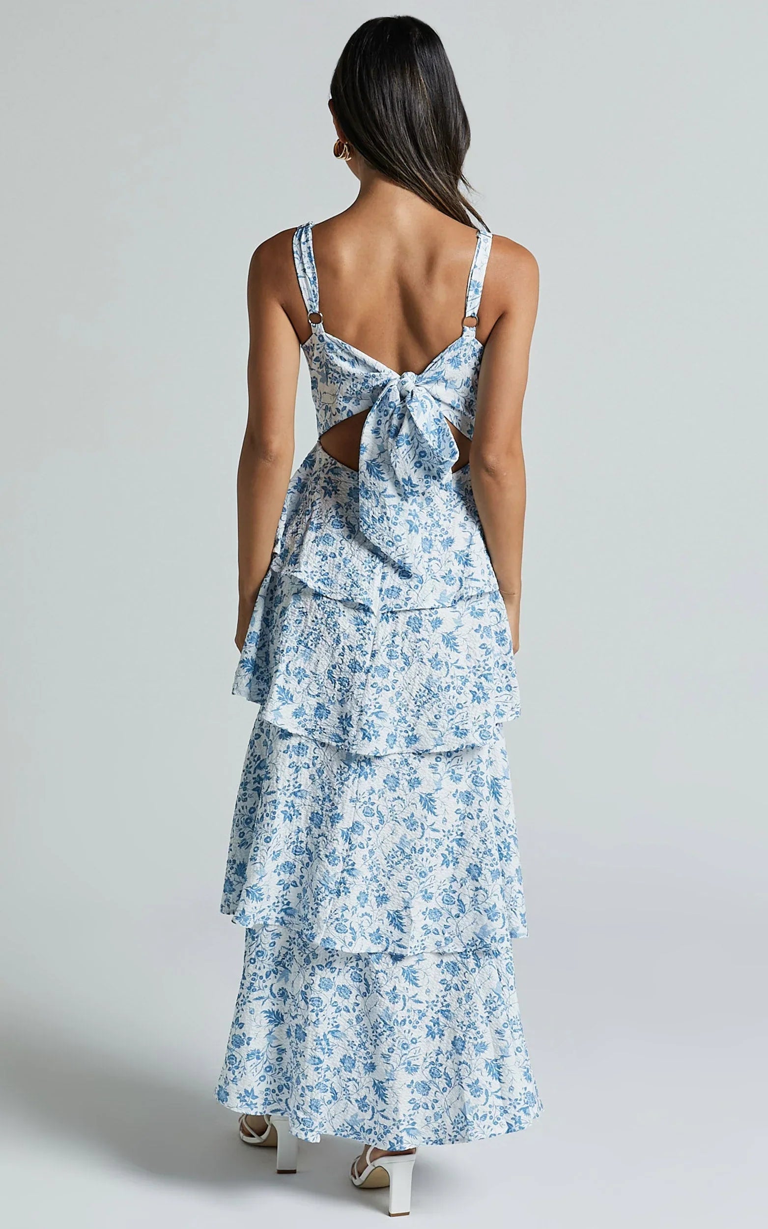 Lorma Midi Dress - Ruched Layered Dress in Blue Floral