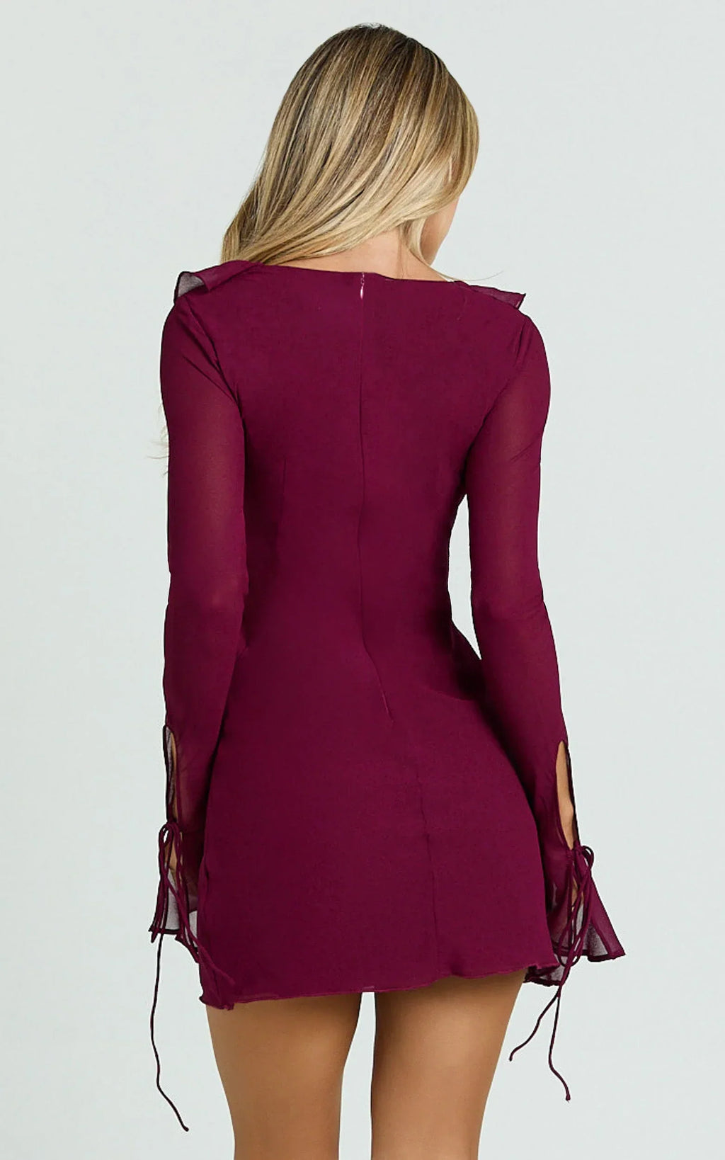 Alesya Mini Dress - Ruffle Plunge Neck Long Sleeve Tie Detail Dress in Wine