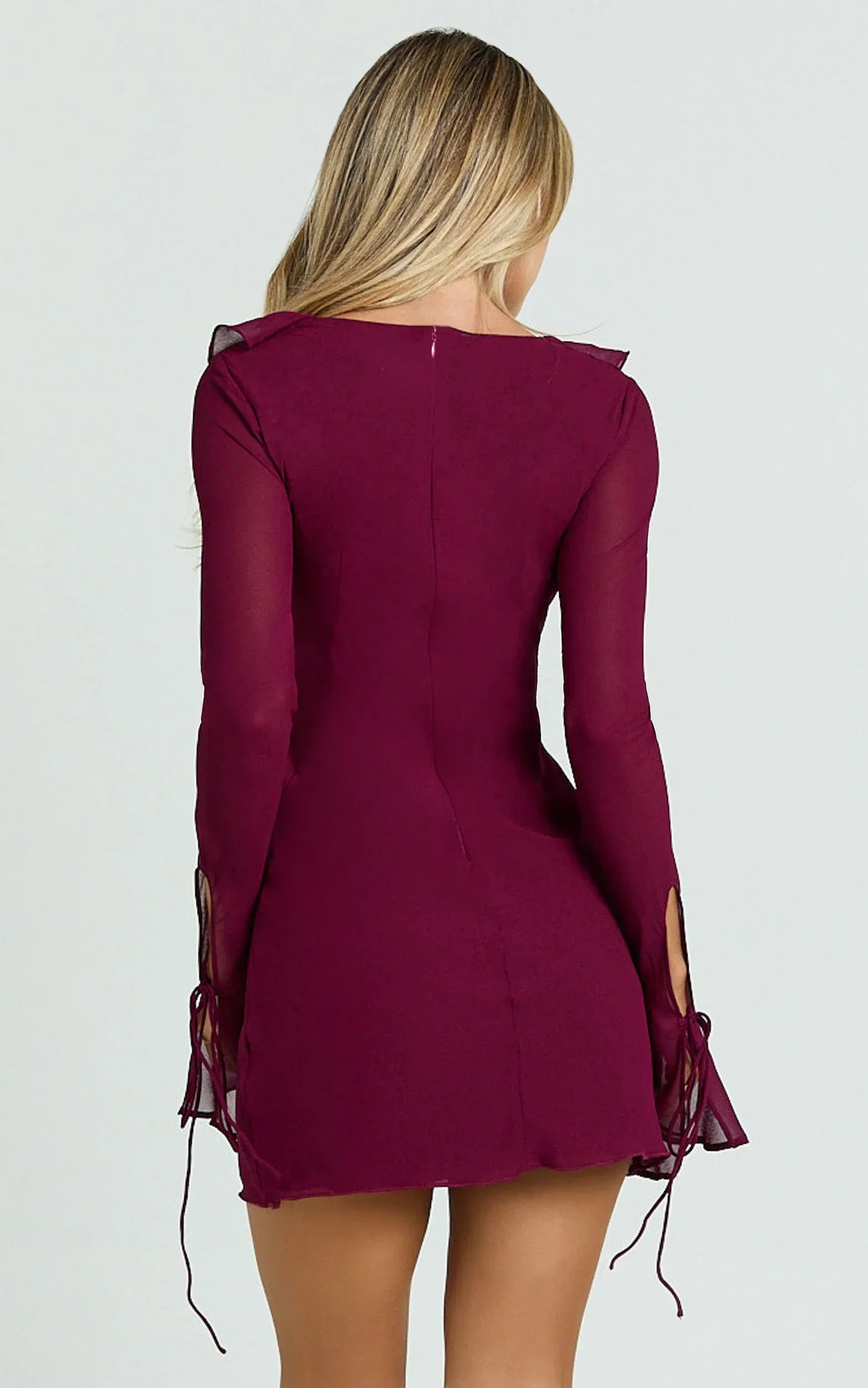 Alesya Mini Dress - Ruffle Plunge Neck Long Sleeve Tie Detail Dress in Wine