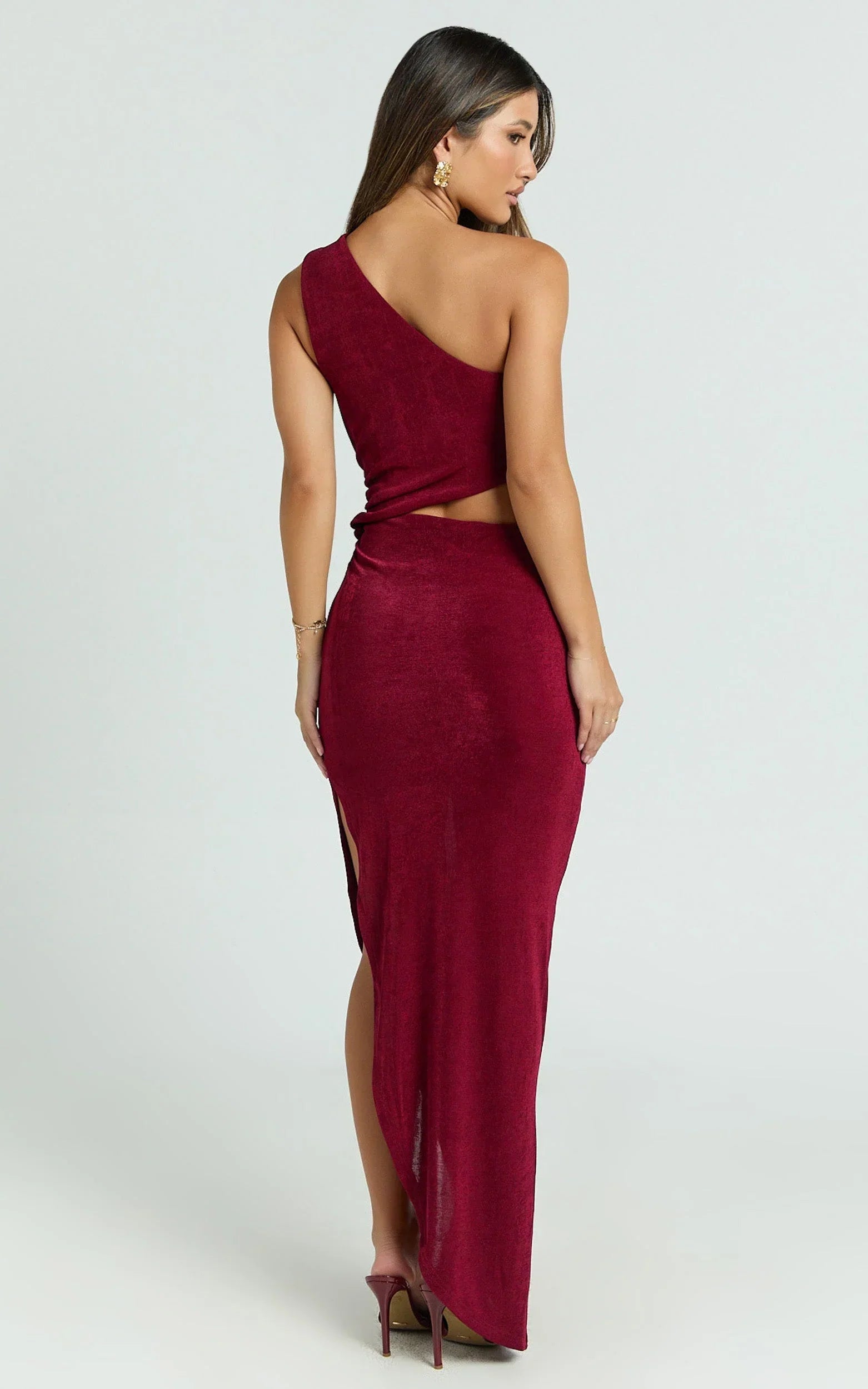 Kala Midi Dress - One Shoulder Cut Out Side Split Dress in Wine