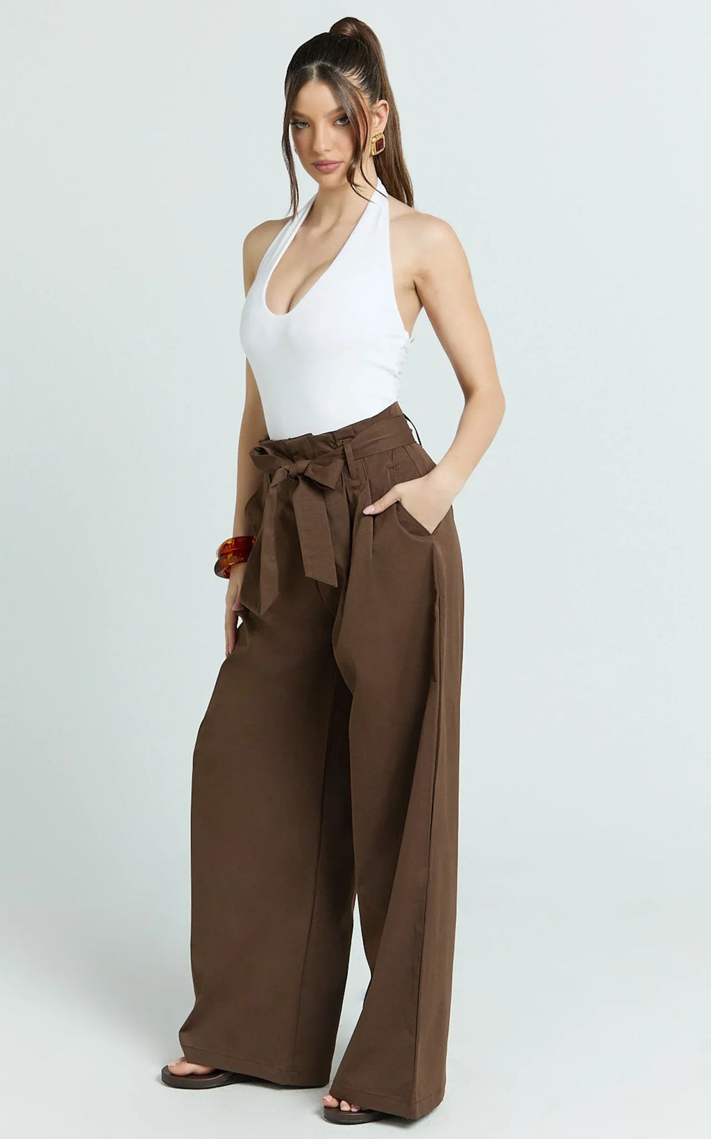 Aria Pants - Low Waisted Wide Leg Pants in Chocolate