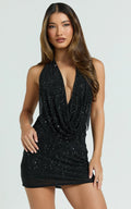 Felix Mini Dress - Plunge Cowl Backless Hotfix Dress in Black