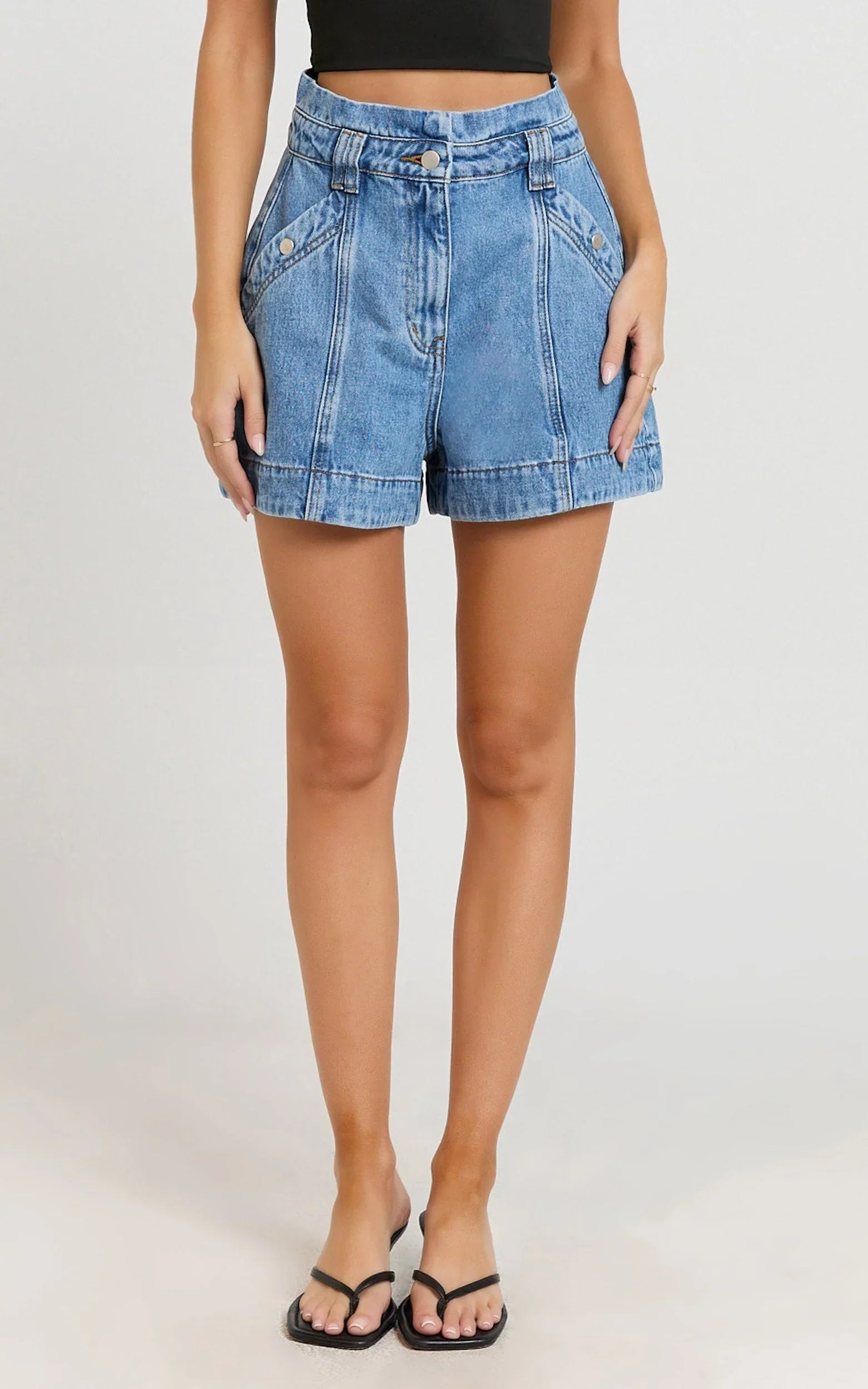 Kayla Shorts - High Waisted A Line Denim Shorts in Mid Blue Wash