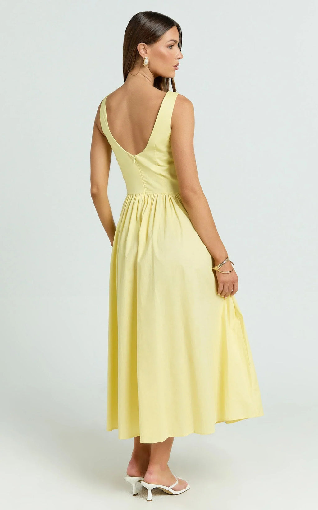 Beckett Midi Dress - Scoop Neck Drop V Waist Gathered Skirt Dress in Butter Yellow